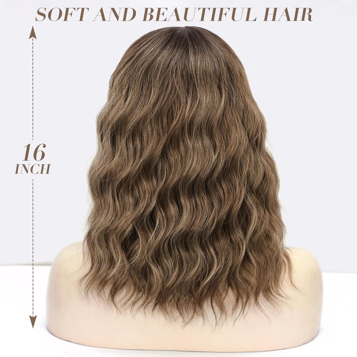 Short Wavy Wig with Bangs for Women Shoulder Length Bob Curly Women's Charming Synthetic Wigs with Natural Wavy Black To Brown Heat Resistant Hair for Daily Party Use