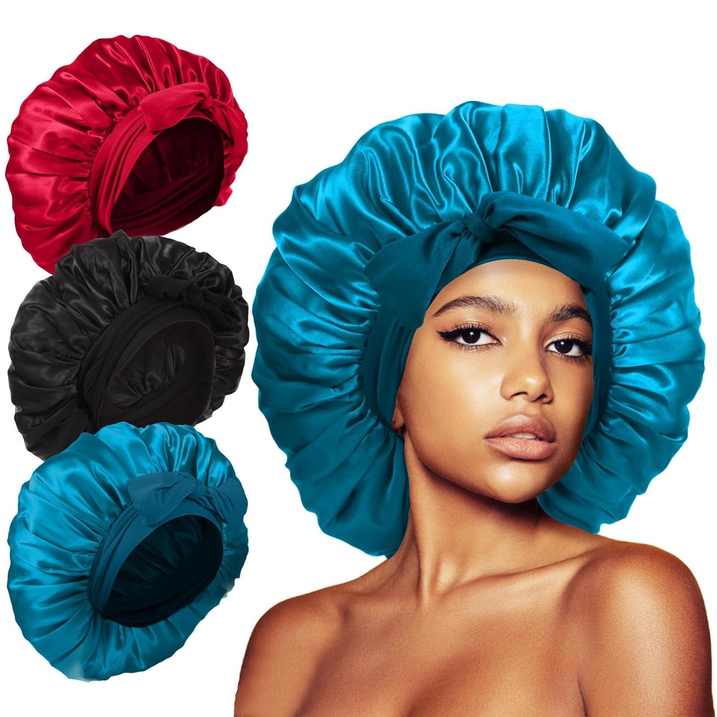 3Pcs Bonnet Silk Bonnet for Sleeping, Satin Bonnet for Sleeping Extra Large Hair Bonnets for Sleeping Black Curly Hair Women Jumbo Bonnet with Tie Band Braids