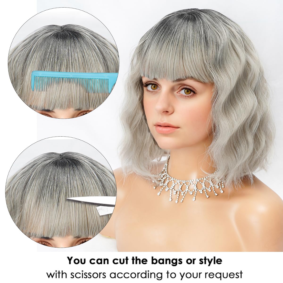 Short Wavy Black Wig with Bangs Bob Short Charming Curly Wavy Wig Women Synthetic Natural Looking Heat Resistant Fiber Hair for Women (14inch)