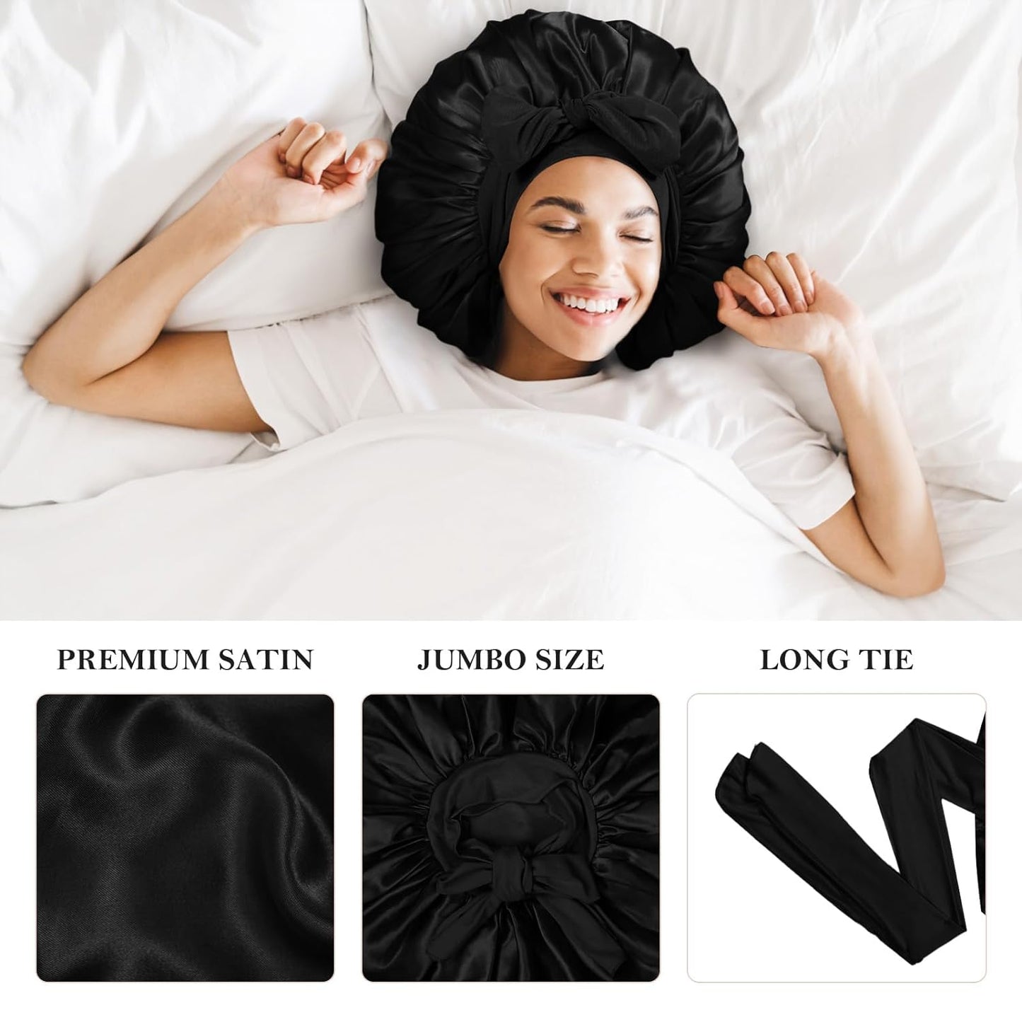 3Pcs Bonnet Silk Bonnet for Sleeping, Satin Bonnet for Sleeping Extra Large Hair Bonnets for Sleeping Black Curly Hair Women Jumbo Bonnet with Tie Band Braids