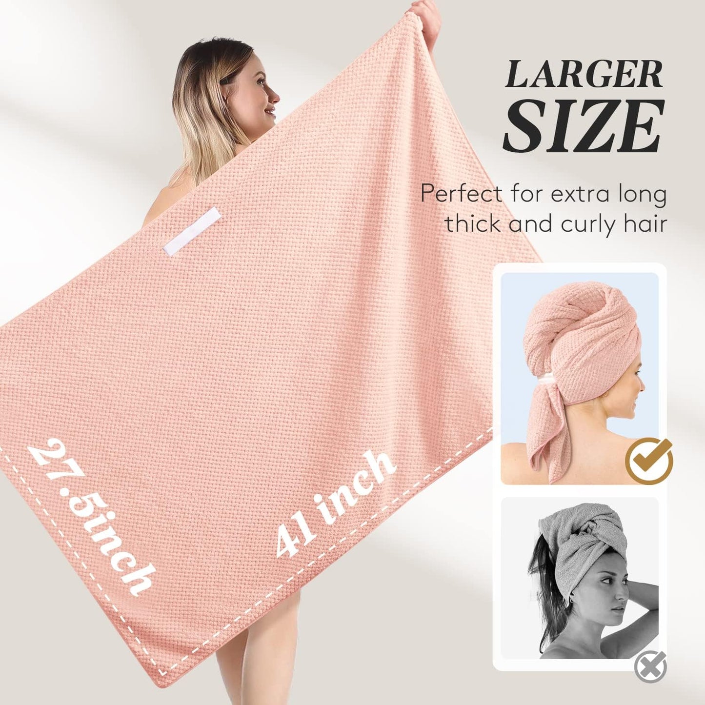 Large Microfiber Hair Towel Wrap for Women, Super Absorbent Hair Drying Towel with Elastic Strap, Anti Frizz Fast Drying Hair Turbans for Long, Thick, Curly Hair, Soft Hair Wrap Towels Pink