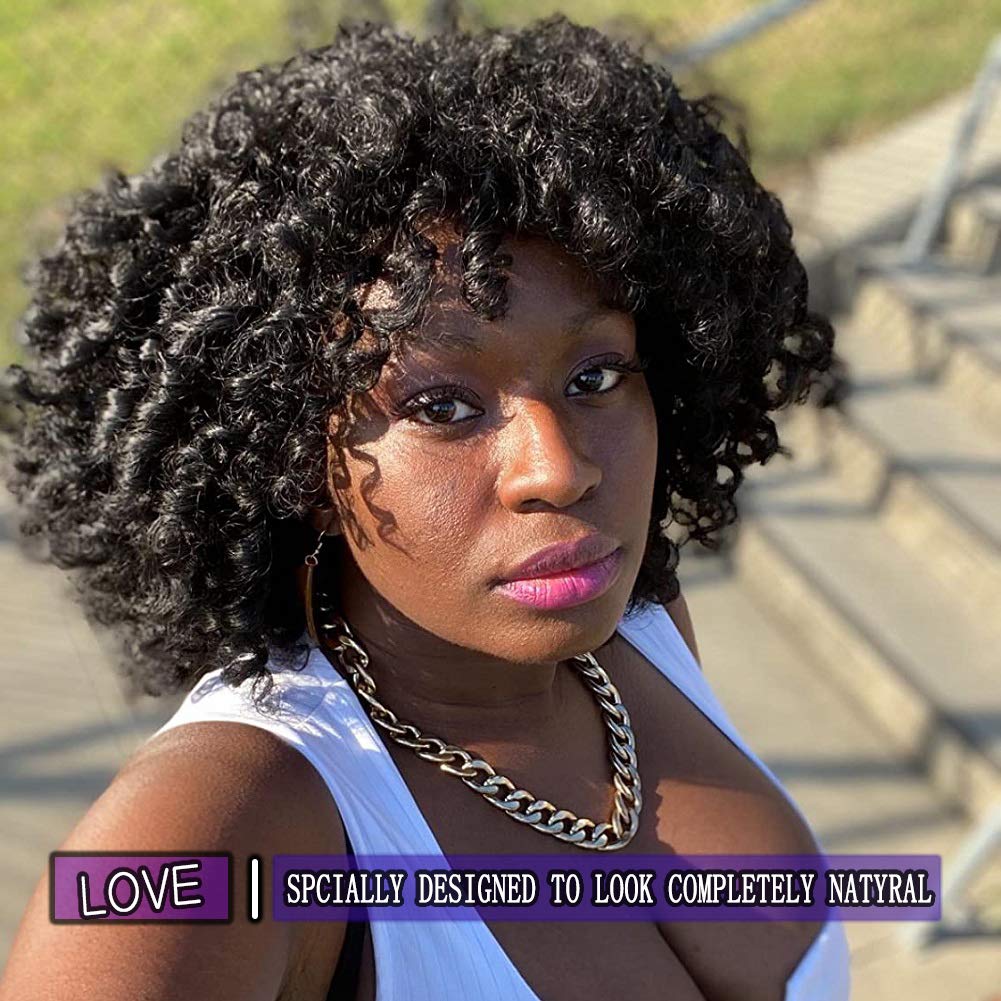 Kinky Curly Afro Wig with Bangs Ombre Gray Color Synthetic Mixed Wigs with 1 Wig Comb and 4pcs Wig Caps
