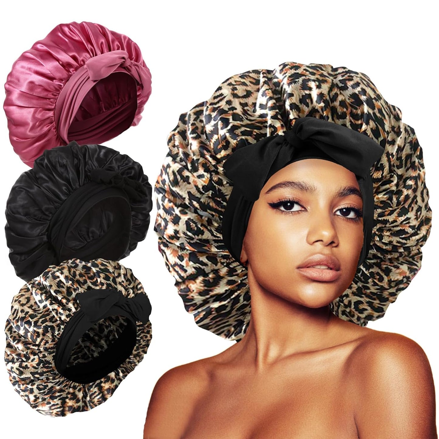 3Pcs Bonnet Silk Bonnet for Sleeping, Satin Bonnet for Sleeping Extra Large Hair Bonnets for Sleeping Black Curly Hair Women Jumbo Bonnet with Tie Band Braids