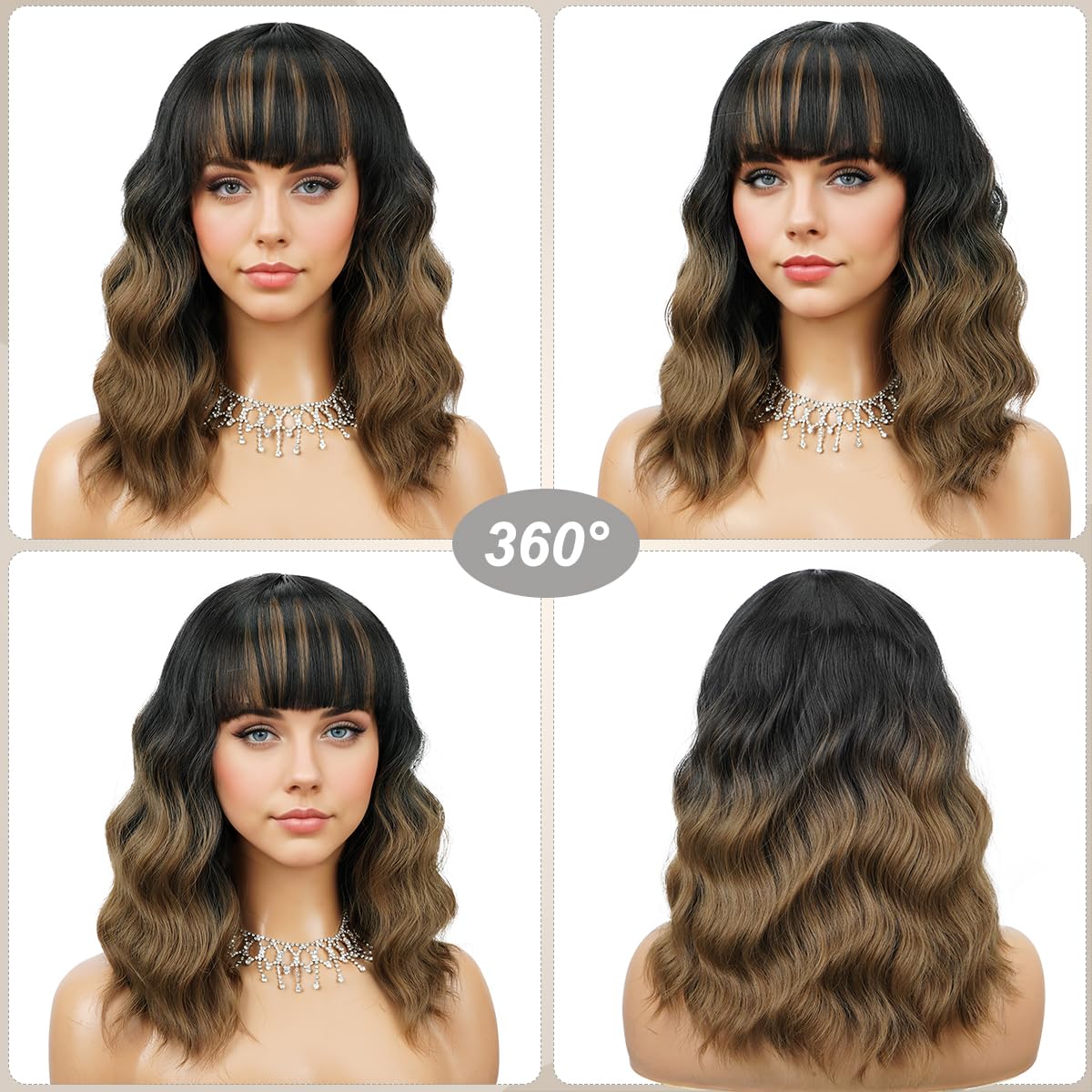 Short Wavy Black Wig with Bangs Bob Short Charming Curly Wavy Wig Women Synthetic Natural Looking Heat Resistant Fiber Hair for Women (14inch)