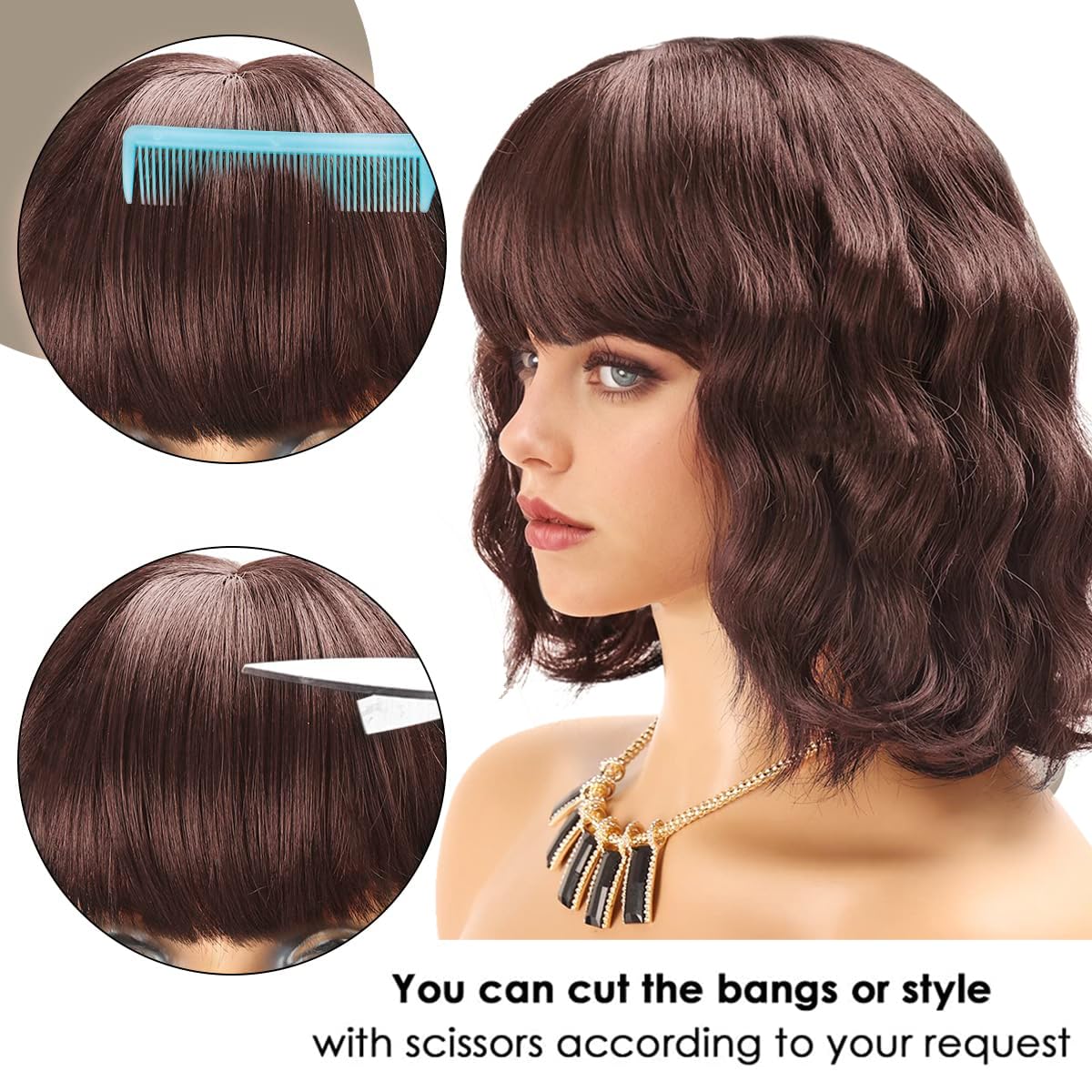 Short Wavy Black Wig with Bangs Bob Short Charming Curly Wavy Wig Women Synthetic Natural Looking Heat Resistant Fiber Hair for Women (14inch)