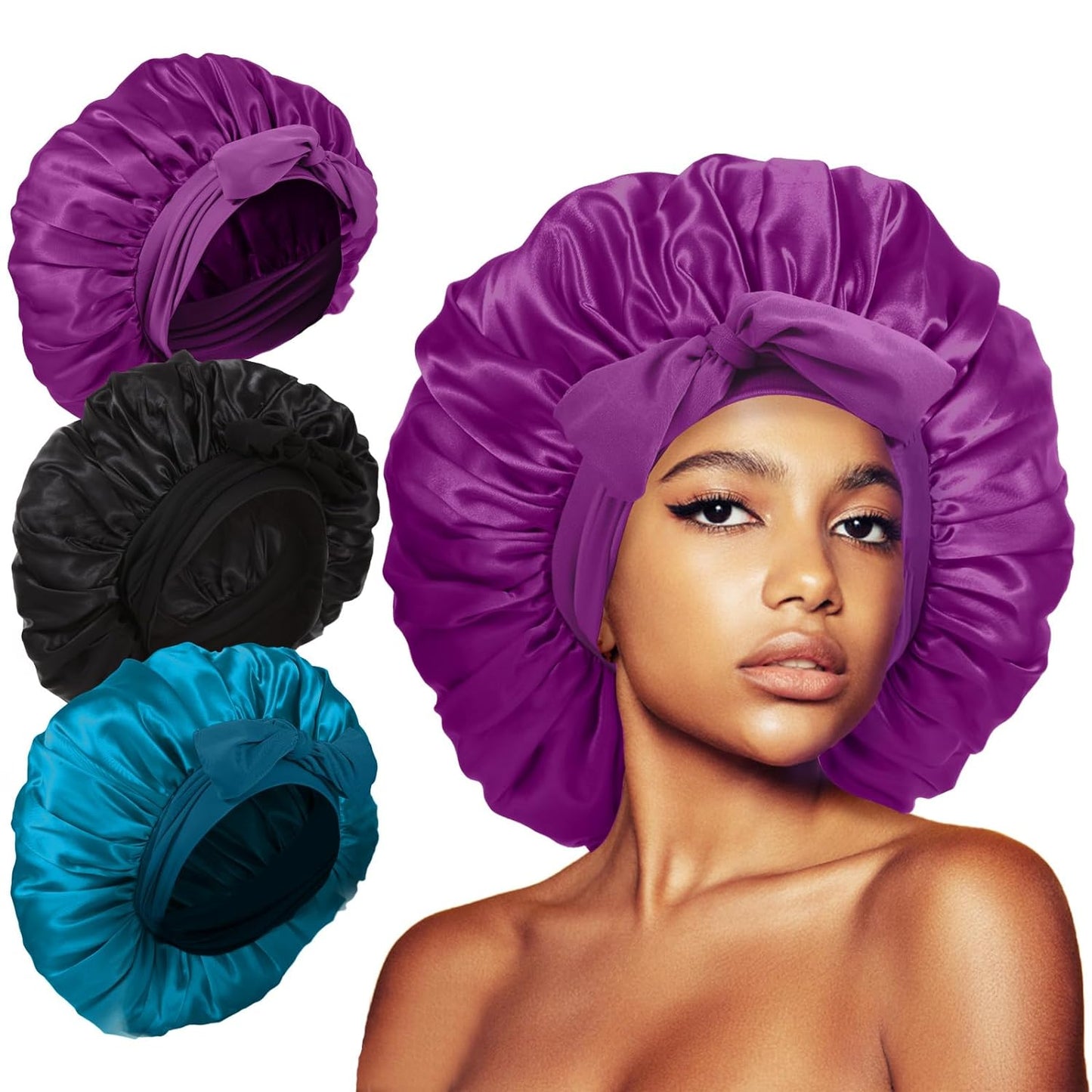 3Pcs Bonnet Silk Bonnet for Sleeping, Satin Bonnet for Sleeping Extra Large Hair Bonnets for Sleeping Black Curly Hair Women Jumbo Bonnet with Tie Band Braids
