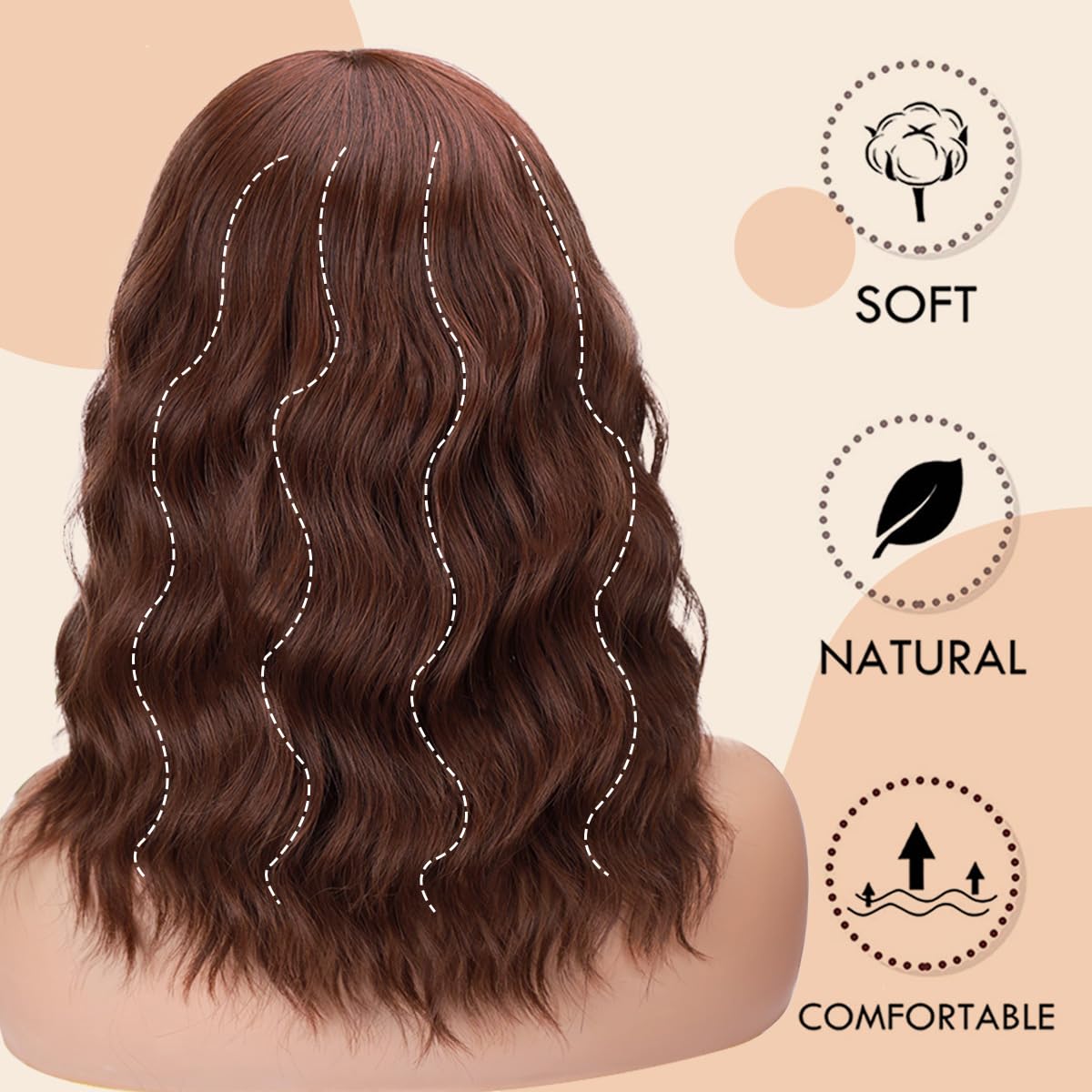 Short Wavy Black Wig with Bangs Bob Short Charming Curly Wavy Wig Women Synthetic Natural Looking Heat Resistant Fiber Hair for Women (14inch)