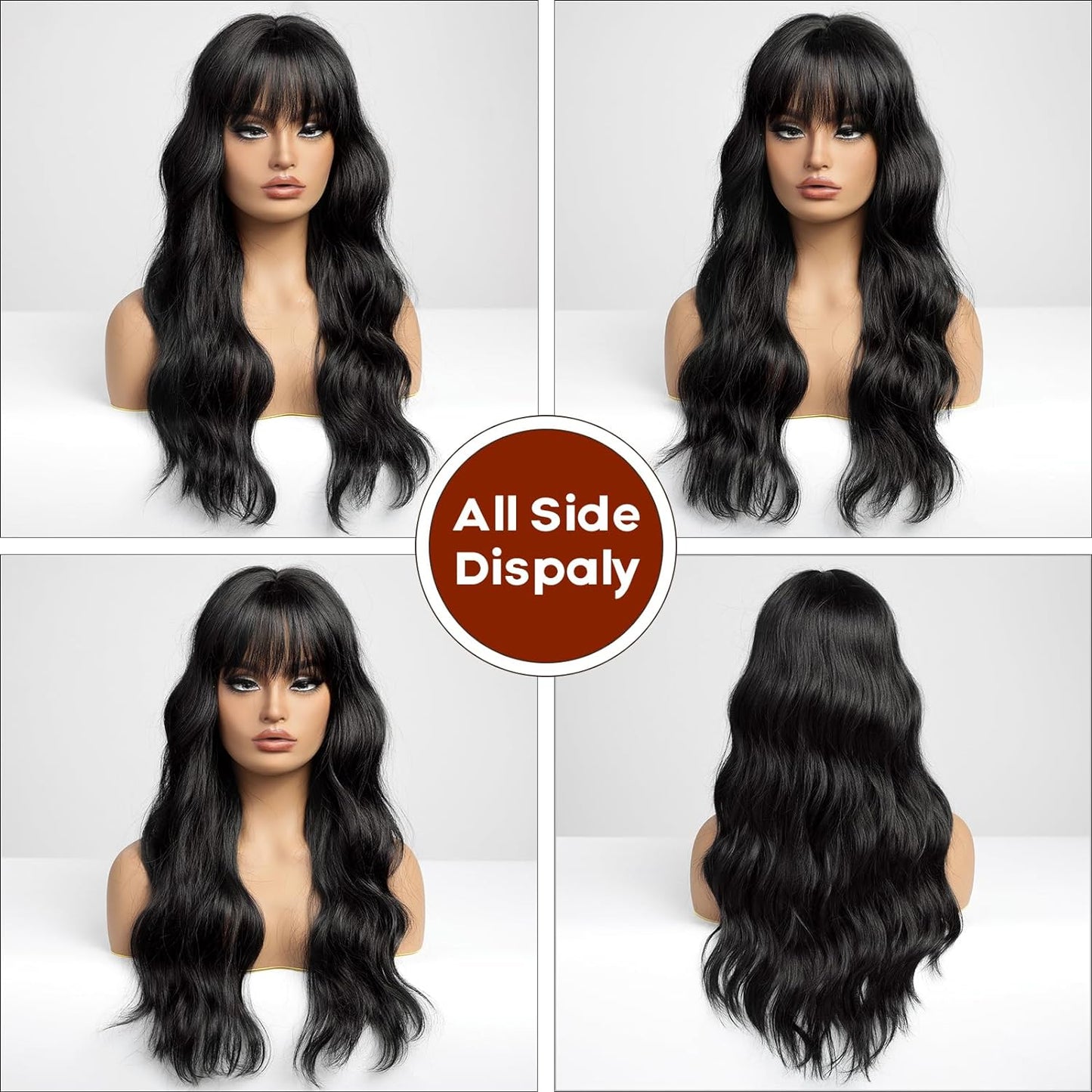 Black Wigs for Women Long Curly Wigs With Bangs Water Wavy Synthetic Wig, Party Cosplay Daily Use