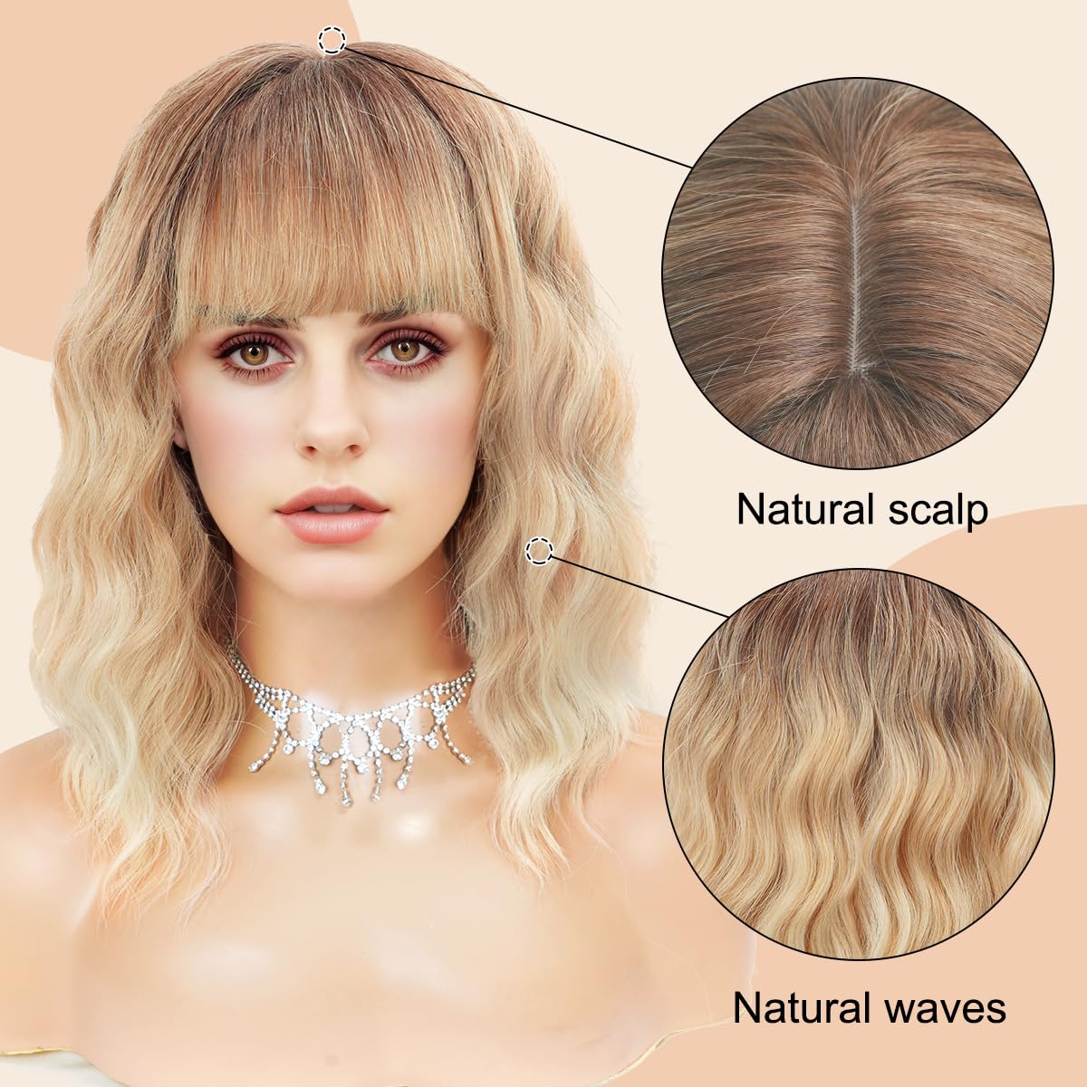 Short Wavy Black Wig with Bangs Bob Short Charming Curly Wavy Wig Women Synthetic Natural Looking Heat Resistant Fiber Hair for Women (14inch)
