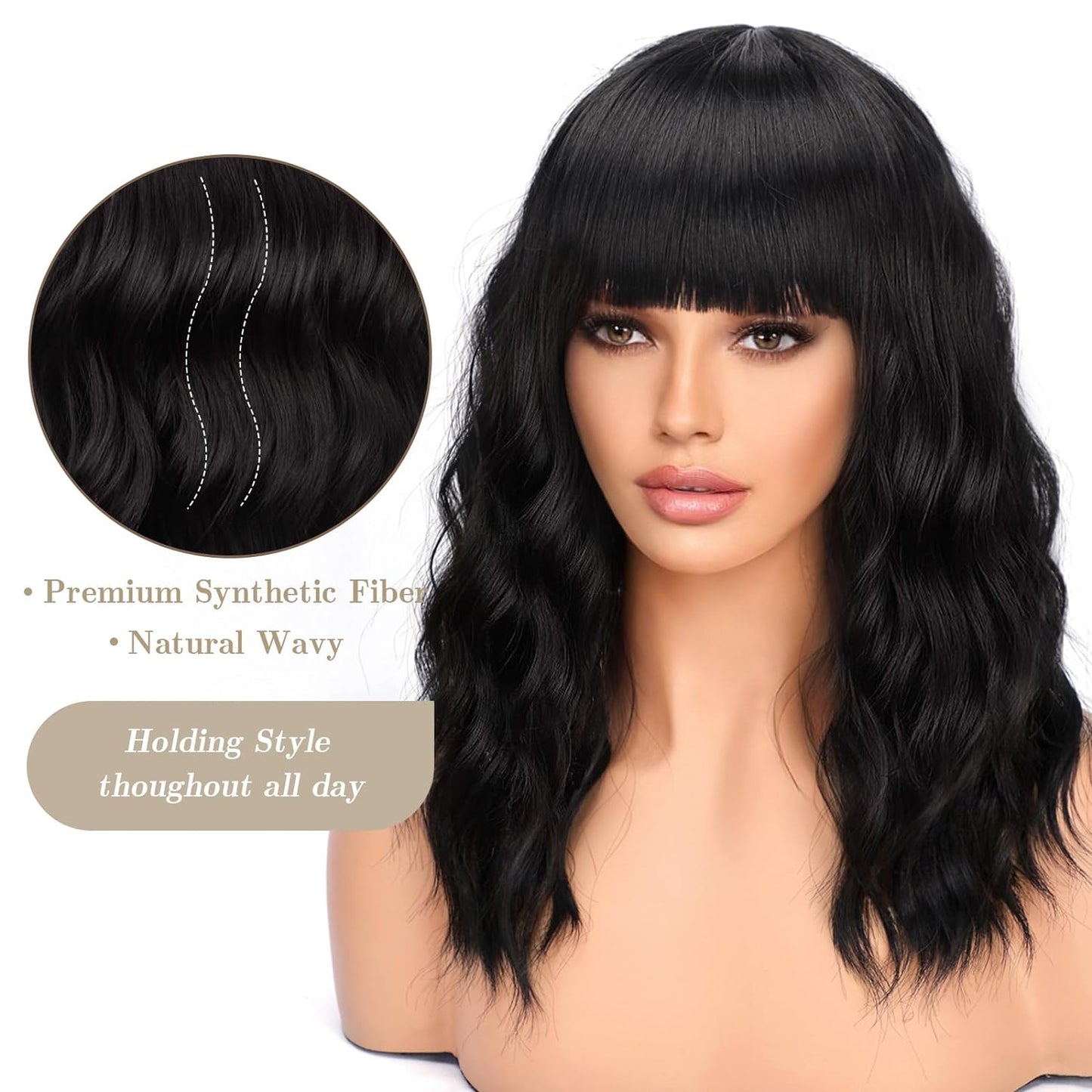 Short Wavy Wig with Bangs for Women Shoulder Length Bob Curly Women's Charming Synthetic Wigs with Natural Wavy Black To Brown Heat Resistant Hair for Daily Party Use