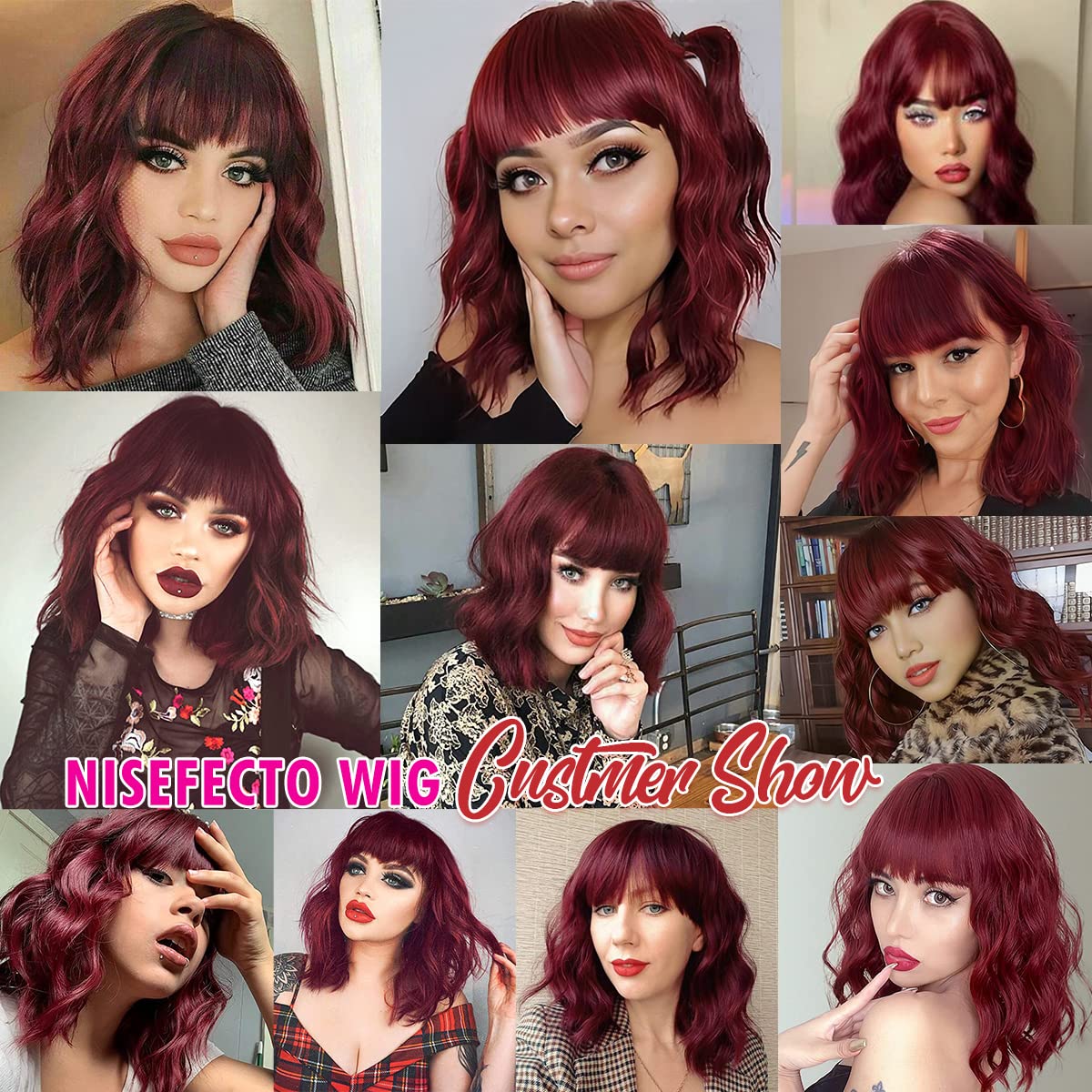 Short Wavy Wig with Bangs Black Mixed Brown Short Bob Wigs Shoulder Length Wear and Go Glueless Wigs Heat Resistant Fiber Synthetic Wig with Bangs