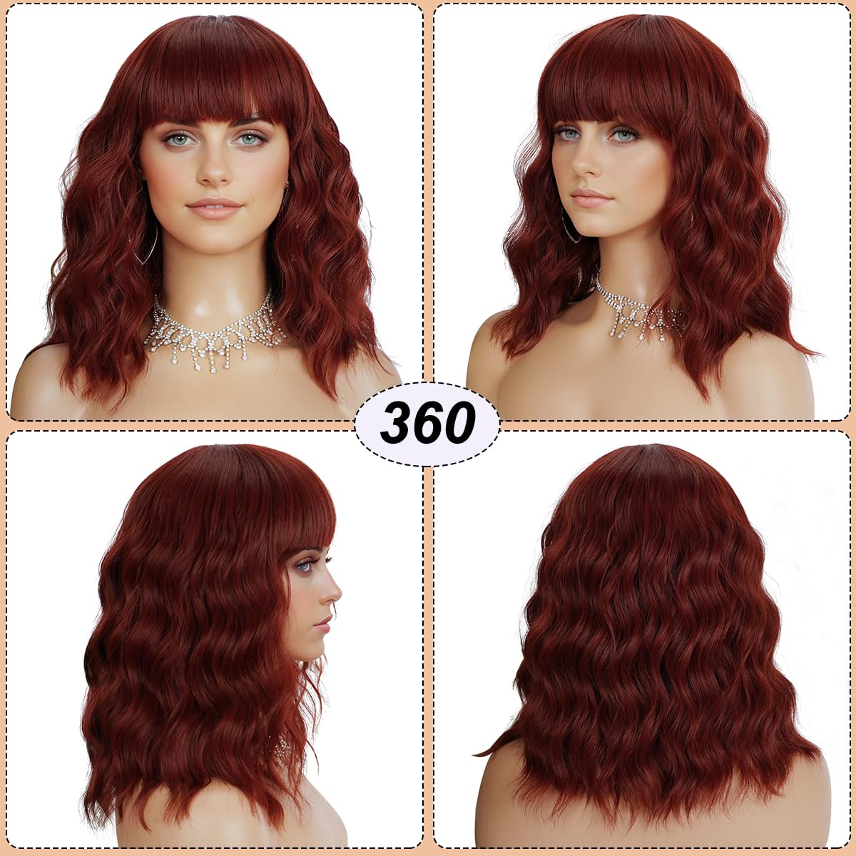 Short Wavy Black Wig with Bangs Bob Short Charming Curly Wavy Wig Women Synthetic Natural Looking Heat Resistant Fiber Hair for Women (14inch)