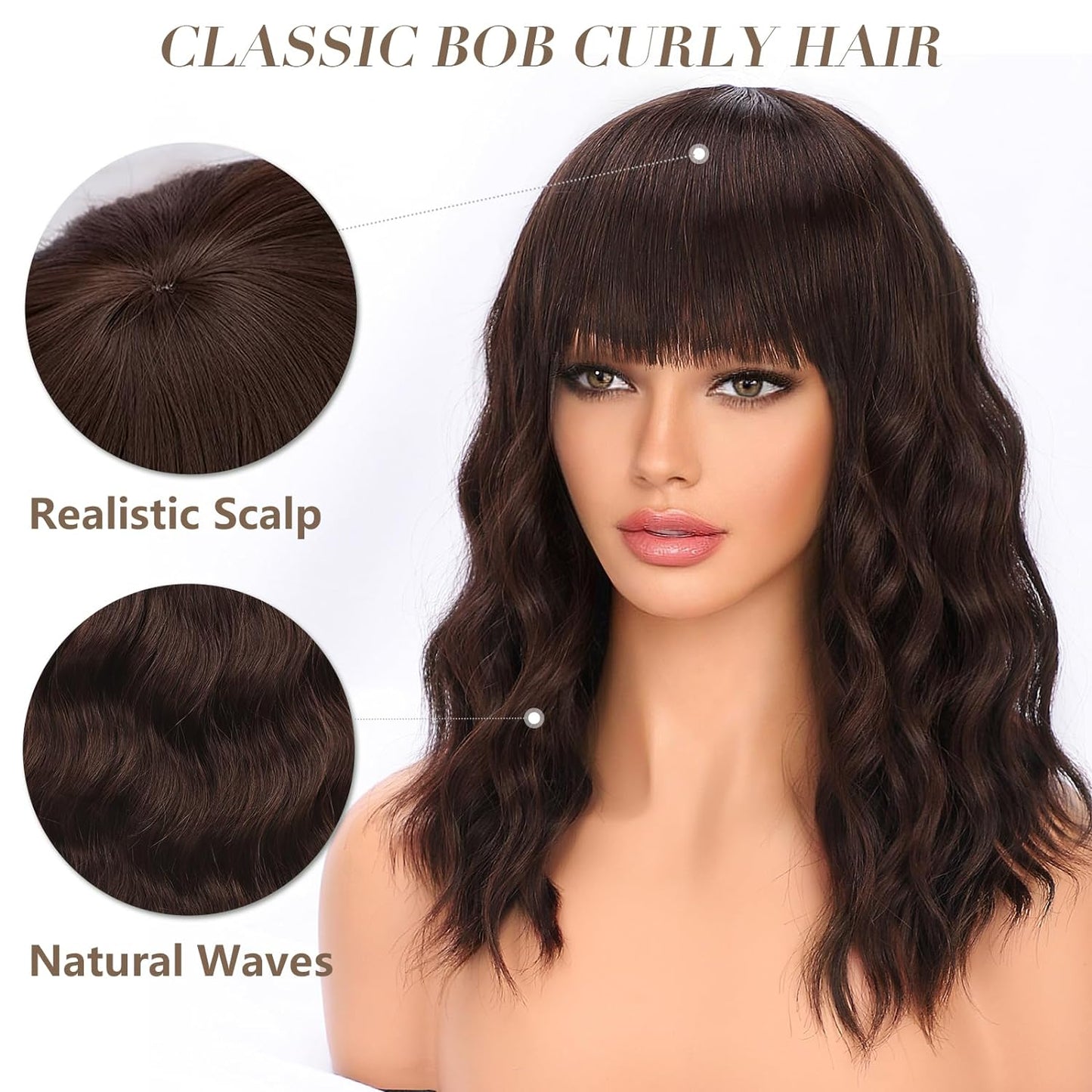 Short Wavy Wig with Bangs for Women Shoulder Length Bob Curly Women's Charming Synthetic Wigs with Natural Wavy Black To Brown Heat Resistant Hair for Daily Party Use