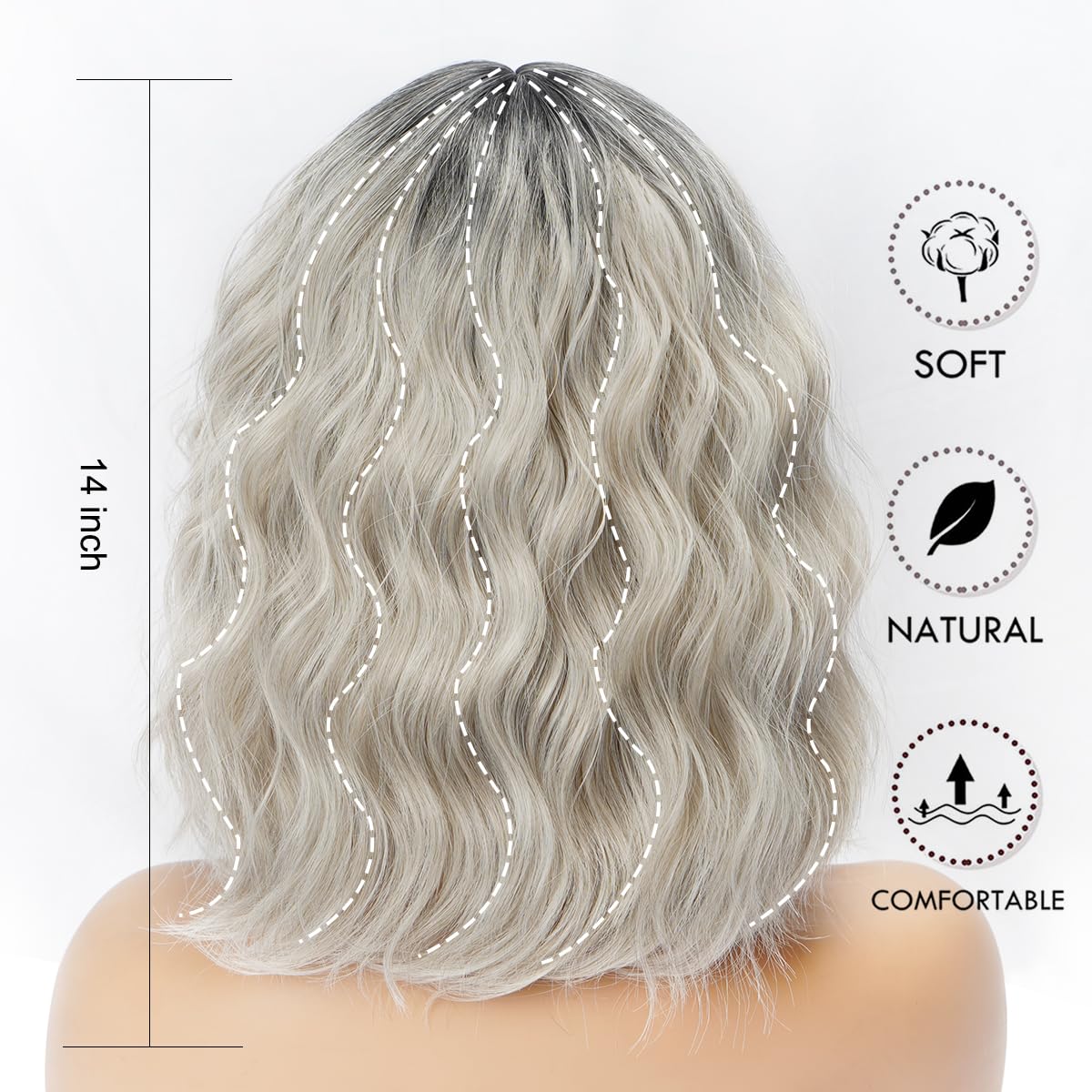 Short Wavy Black Wig with Bangs Bob Short Charming Curly Wavy Wig Women Synthetic Natural Looking Heat Resistant Fiber Hair for Women (14inch)