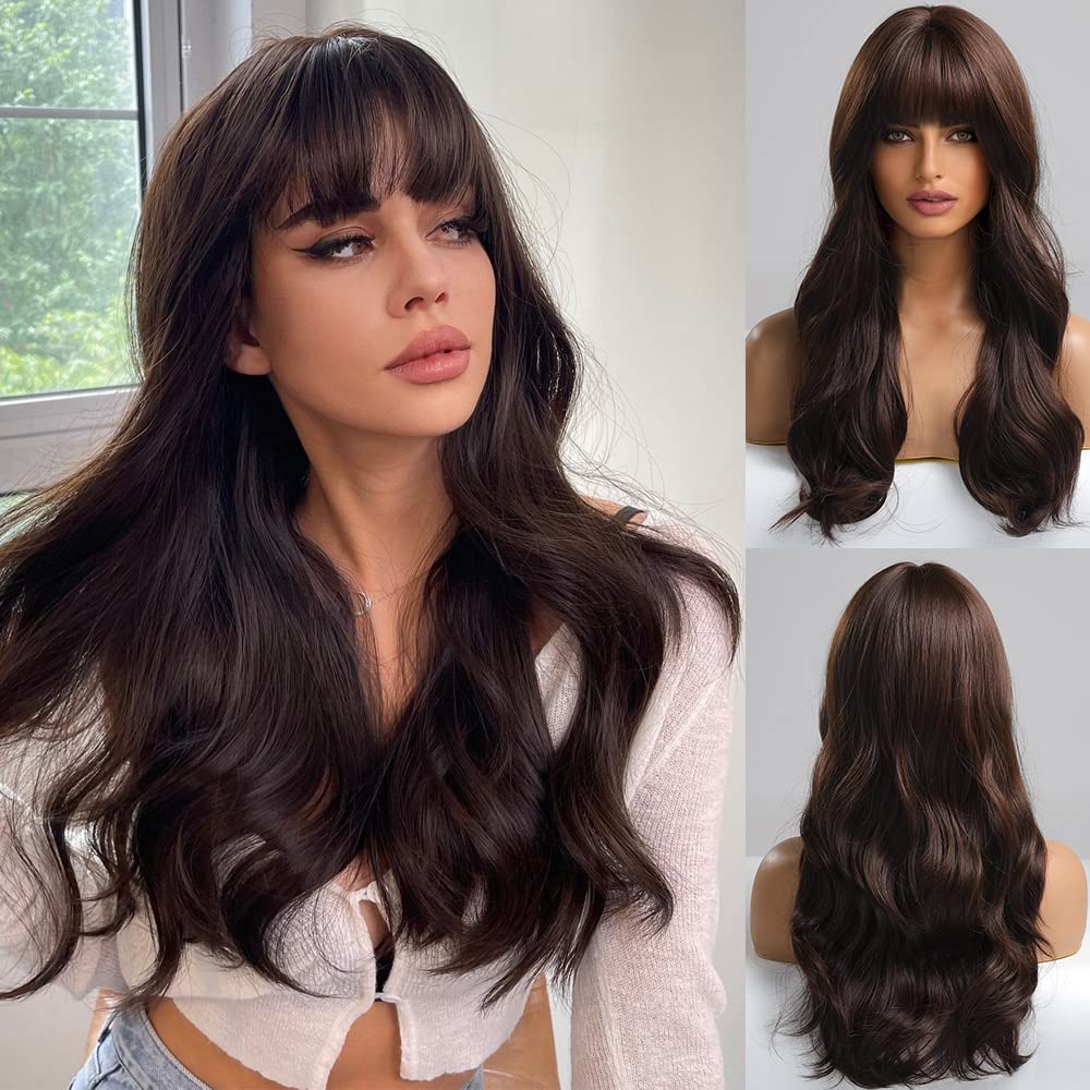 Black Wigs for Women Long Curly Wigs With Bangs Water Wavy Synthetic Wig, Party Cosplay Daily Use