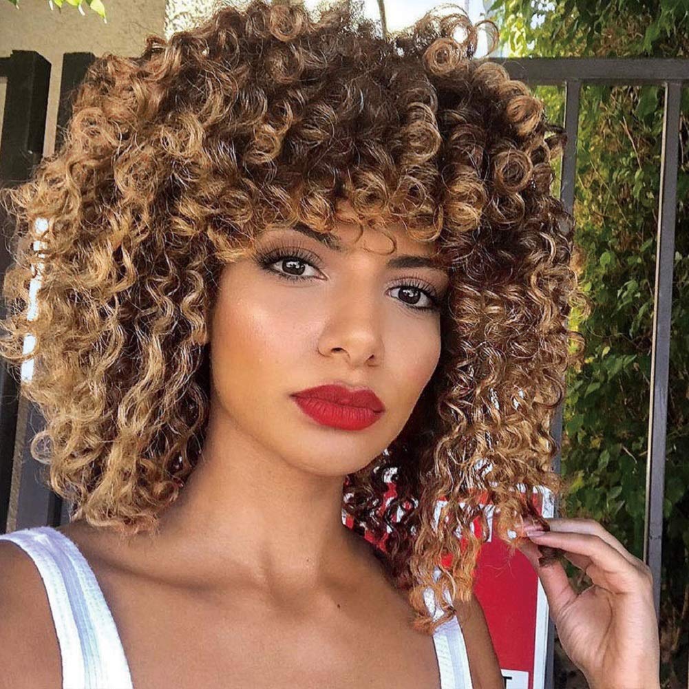 Kinky Curly Afro Wig with Bangs Ombre Gray Color Synthetic Mixed Wigs with 1 Wig Comb and 4pcs Wig Caps