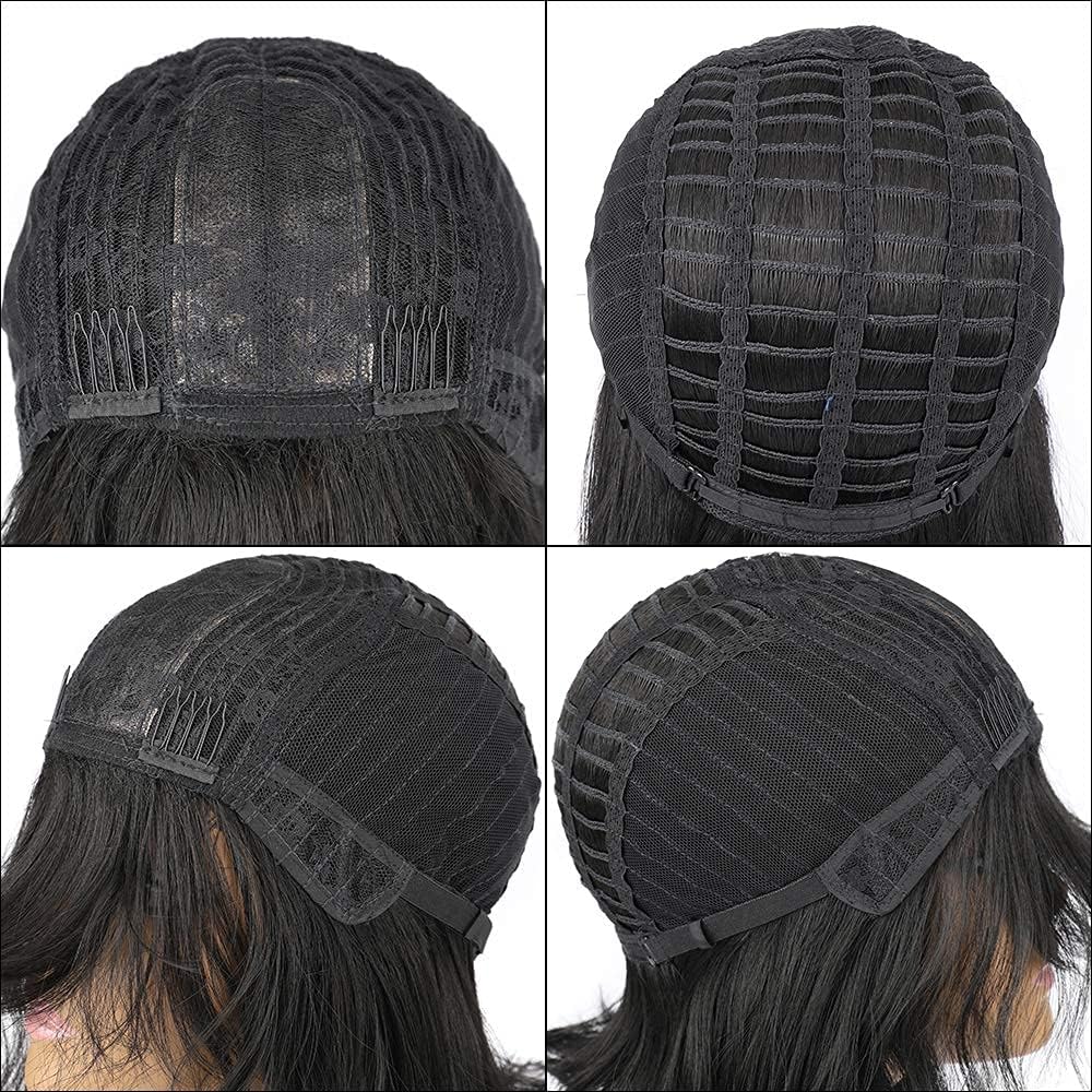 Short Wavy Black Wig with Bangs Bob Short Charming Curly Wavy Wig Women Synthetic Natural Looking Heat Resistant Fiber Hair for Women (14inch)