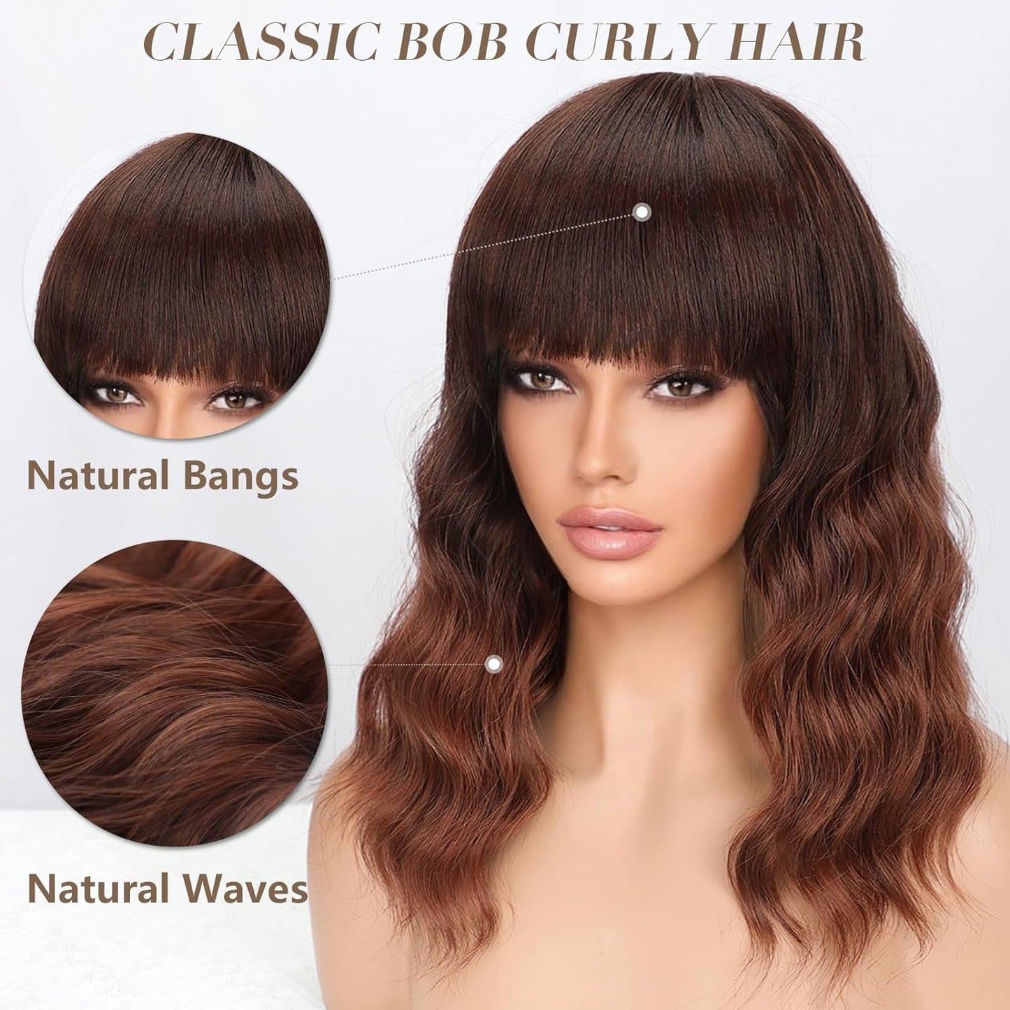 Short Wavy Wig with Bangs for Women Shoulder Length Bob Curly Women's Charming Synthetic Wigs with Natural Wavy Black To Brown Heat Resistant Hair for Daily Party Use