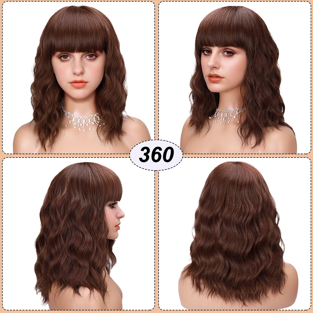 Short Wavy Black Wig with Bangs Bob Short Charming Curly Wavy Wig Women Synthetic Natural Looking Heat Resistant Fiber Hair for Women (14inch)