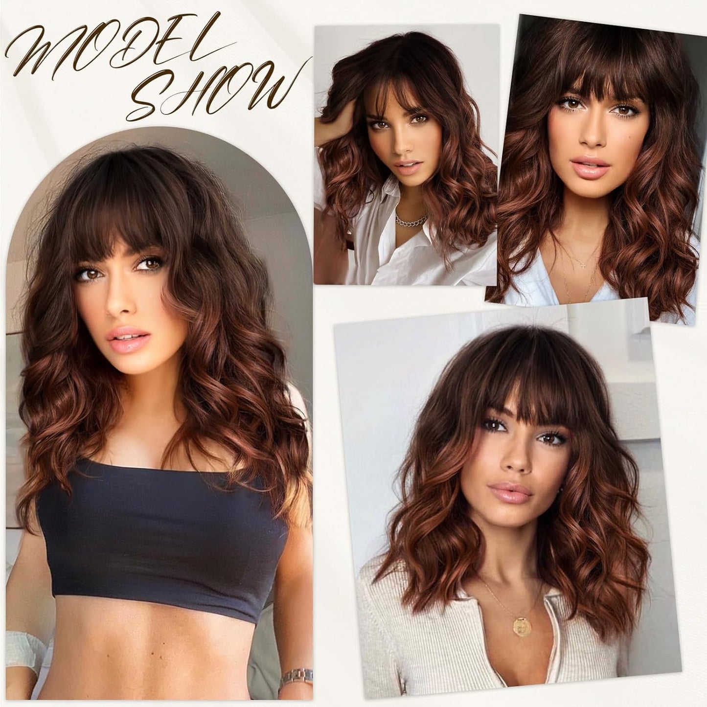Short Wavy Wig with Bangs for Women Shoulder Length Bob Curly Women's Charming Synthetic Wigs with Natural Wavy Black To Brown Heat Resistant Hair for Daily Party Use