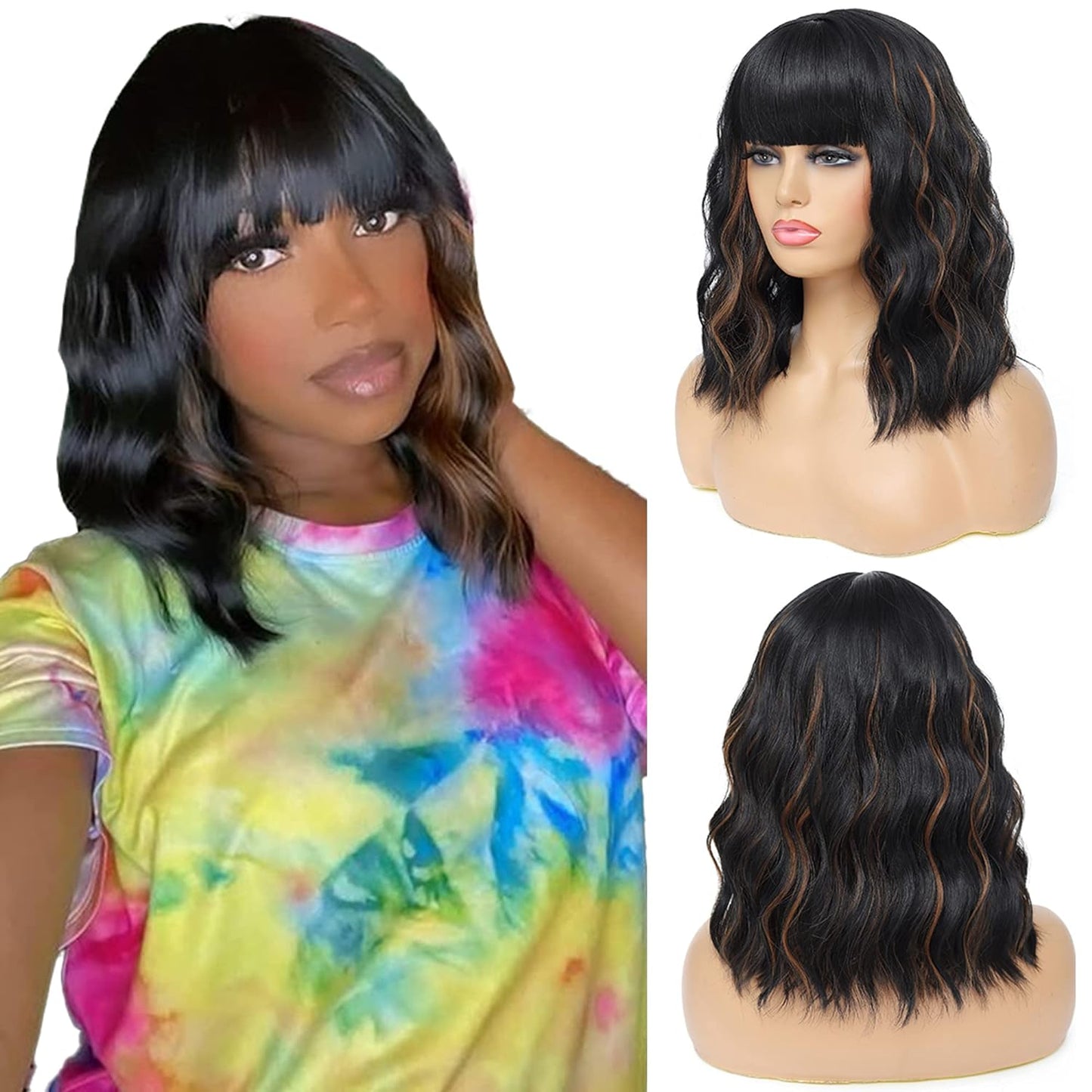 Short Wavy Wig with Bangs Black Mixed Brown Short Bob Wigs Shoulder Length Wear and Go Glueless Wigs Heat Resistant Fiber Synthetic Wig with Bangs