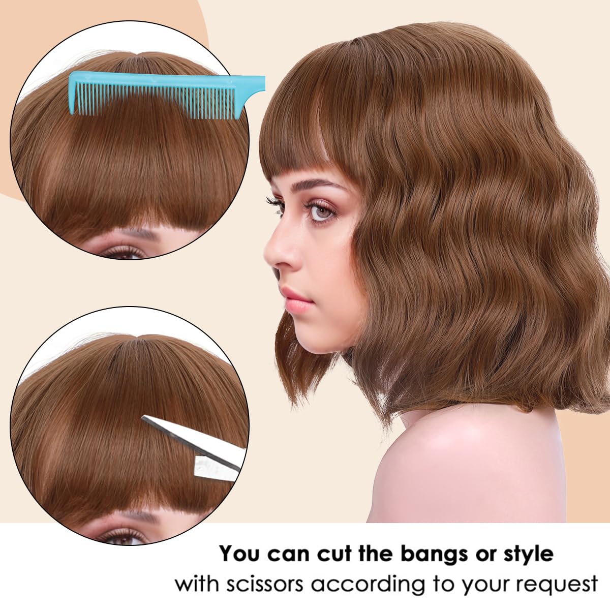 Short Wavy Black Wig with Bangs Bob Short Charming Curly Wavy Wig Women Synthetic Natural Looking Heat Resistant Fiber Hair for Women (14inch)