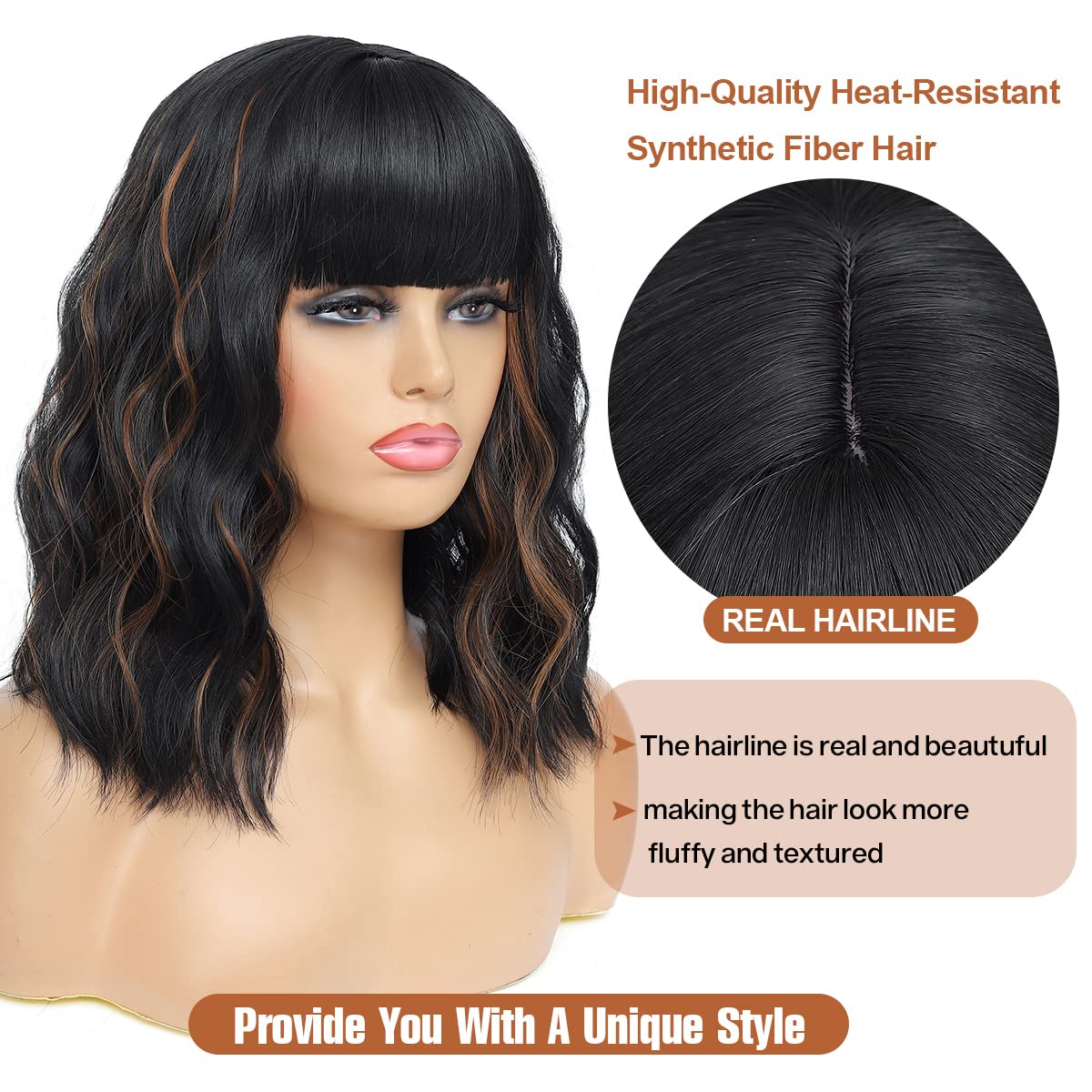 Short Wavy Wig with Bangs Black Mixed Brown Short Bob Wigs Shoulder Length Wear and Go Glueless Wigs Heat Resistant Fiber Synthetic Wig with Bangs