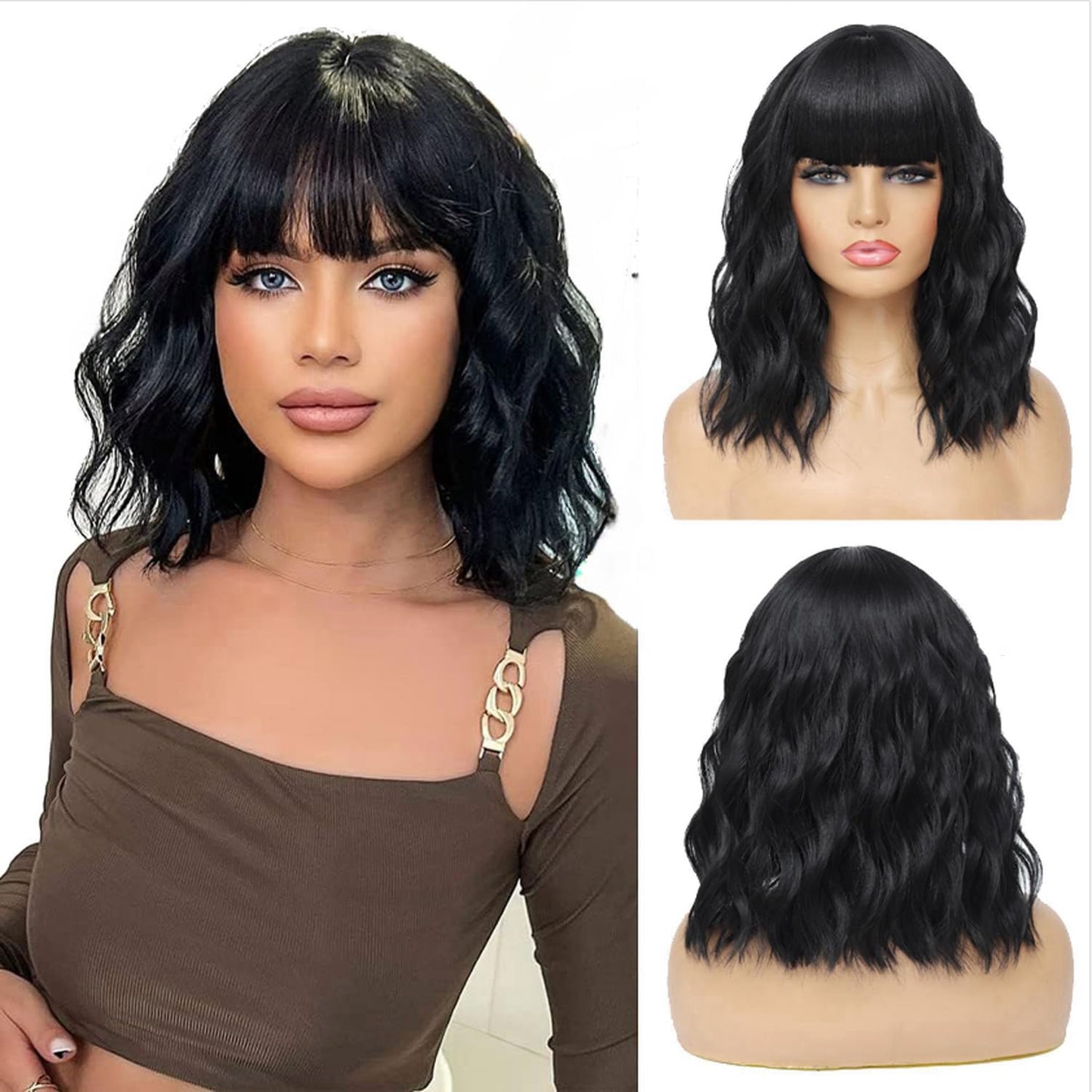 Short Wavy Wig with Bangs Black Mixed Brown Short Bob Wigs Shoulder Length Wear and Go Glueless Wigs Heat Resistant Fiber Synthetic Wig with Bangs