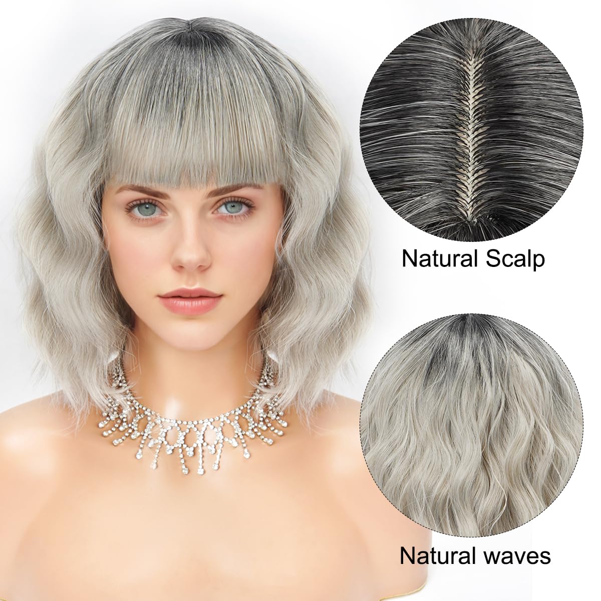 Short Wavy Black Wig with Bangs Bob Short Charming Curly Wavy Wig Women Synthetic Natural Looking Heat Resistant Fiber Hair for Women (14inch)