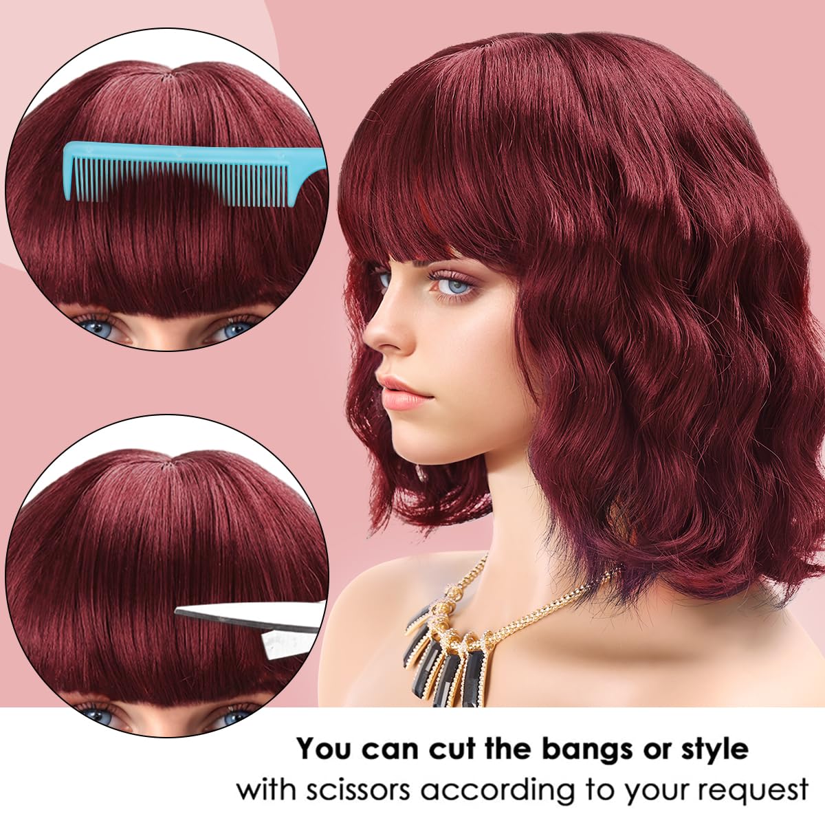 Short Wavy Black Wig with Bangs Bob Short Charming Curly Wavy Wig Women Synthetic Natural Looking Heat Resistant Fiber Hair for Women (14inch)