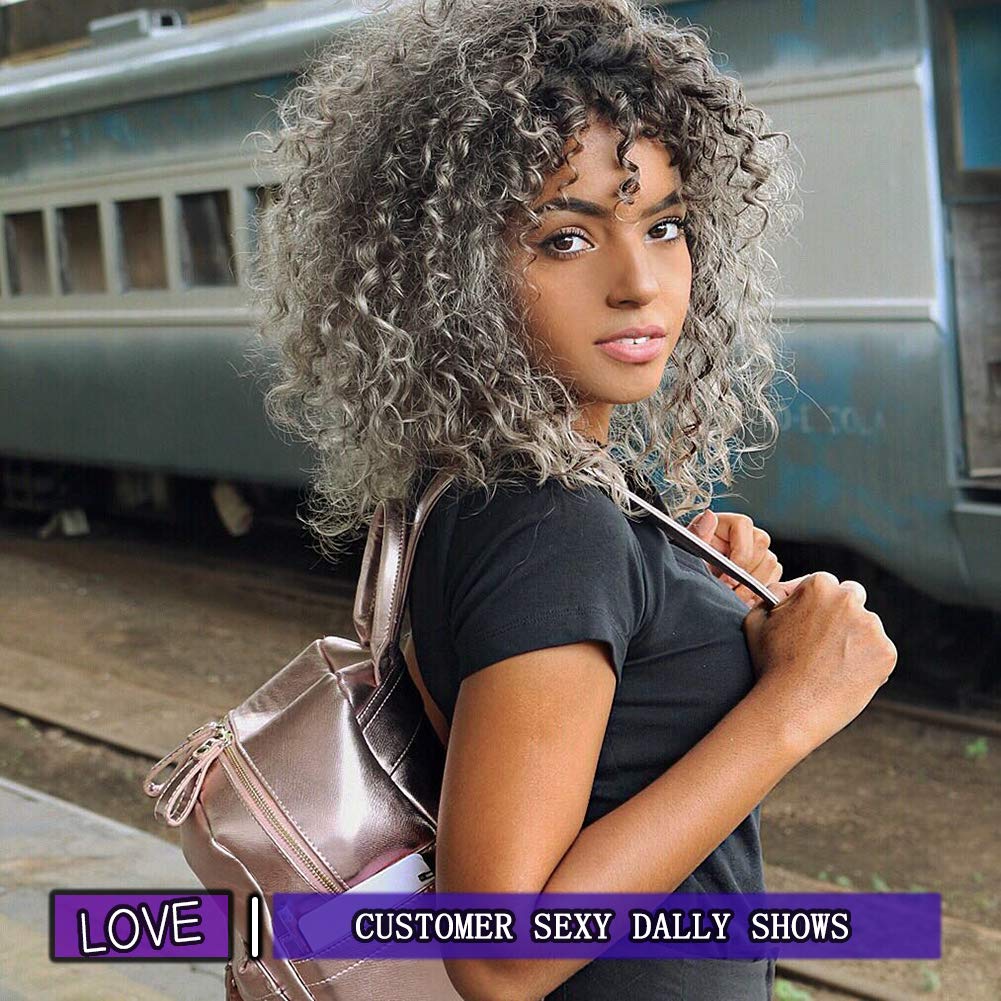 Kinky Curly Afro Wig with Bangs Ombre Gray Color Synthetic Mixed Wigs with 1 Wig Comb and 4pcs Wig Caps