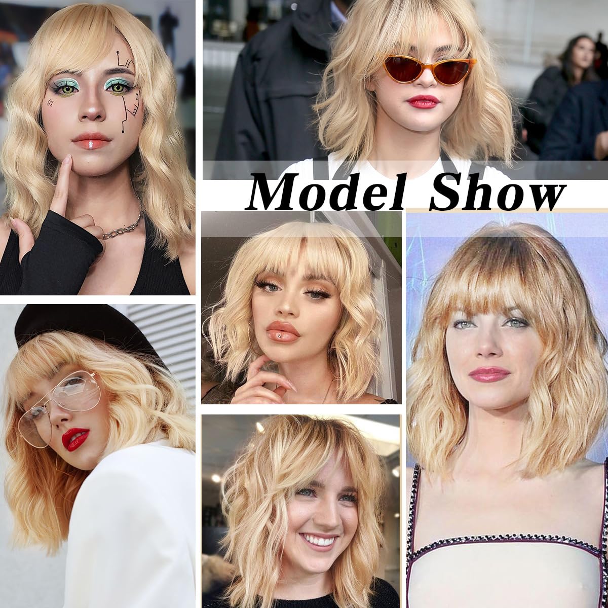 Short Wavy Black Wig with Bangs Bob Short Charming Curly Wavy Wig Women Synthetic Natural Looking Heat Resistant Fiber Hair for Women (14inch)