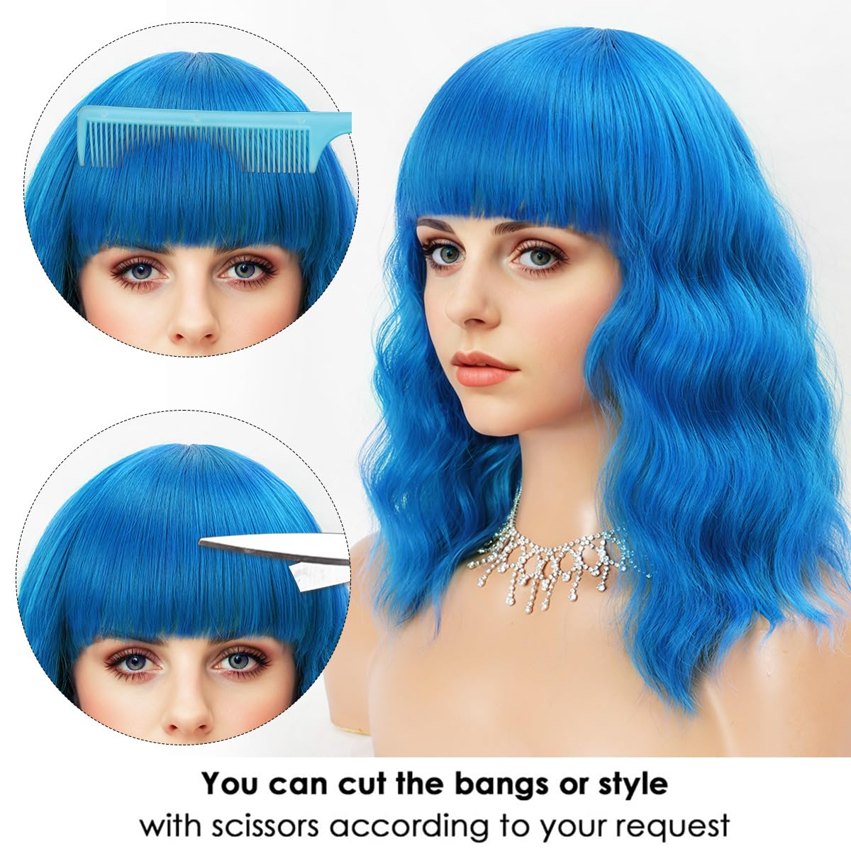 Short Wavy Black Wig with Bangs Bob Short Charming Curly Wavy Wig Women Synthetic Natural Looking Heat Resistant Fiber Hair for Women (14inch)