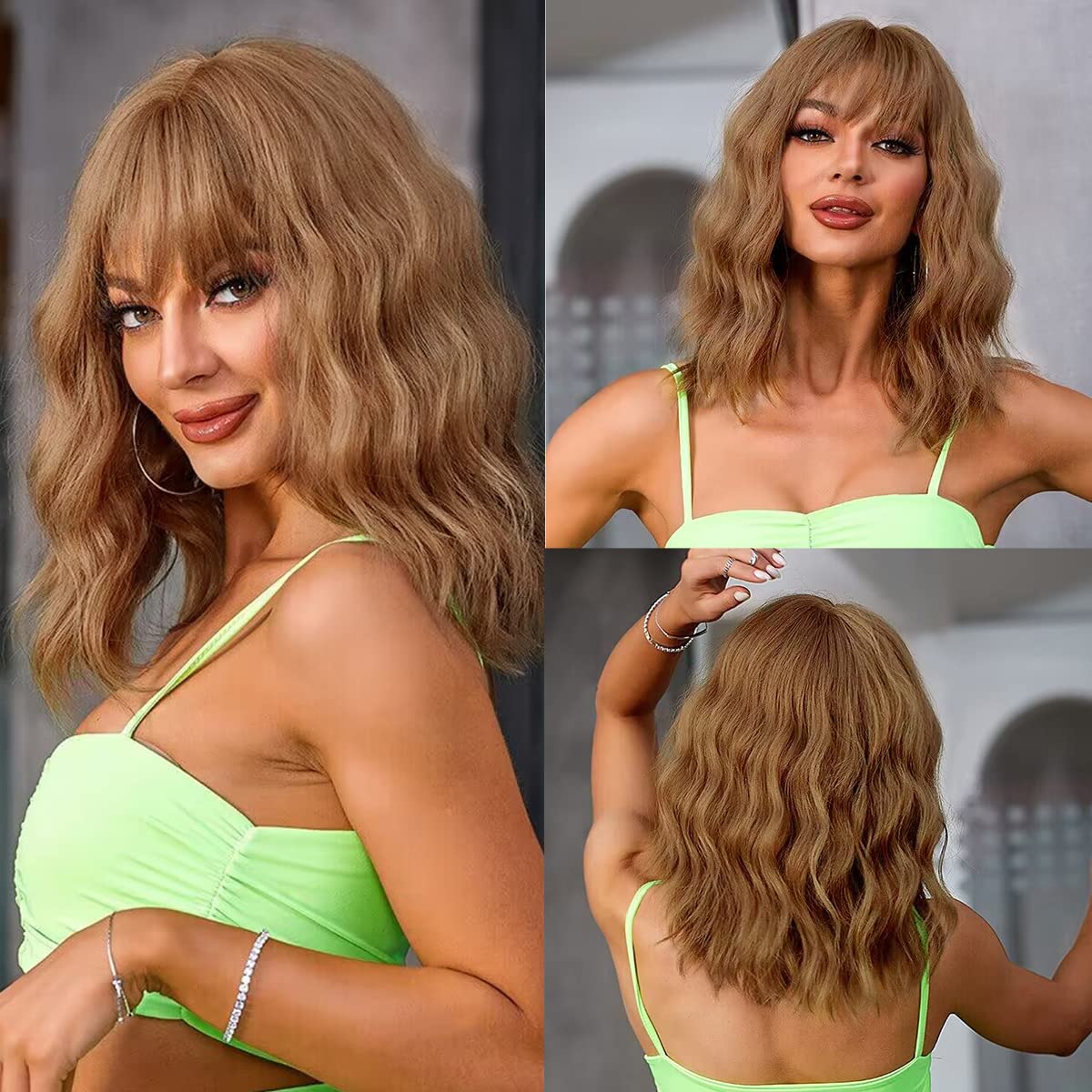 Short Wavy Black Wig with Bangs Bob Short Charming Curly Wavy Wig Women Synthetic Natural Looking Heat Resistant Fiber Hair for Women (14inch)