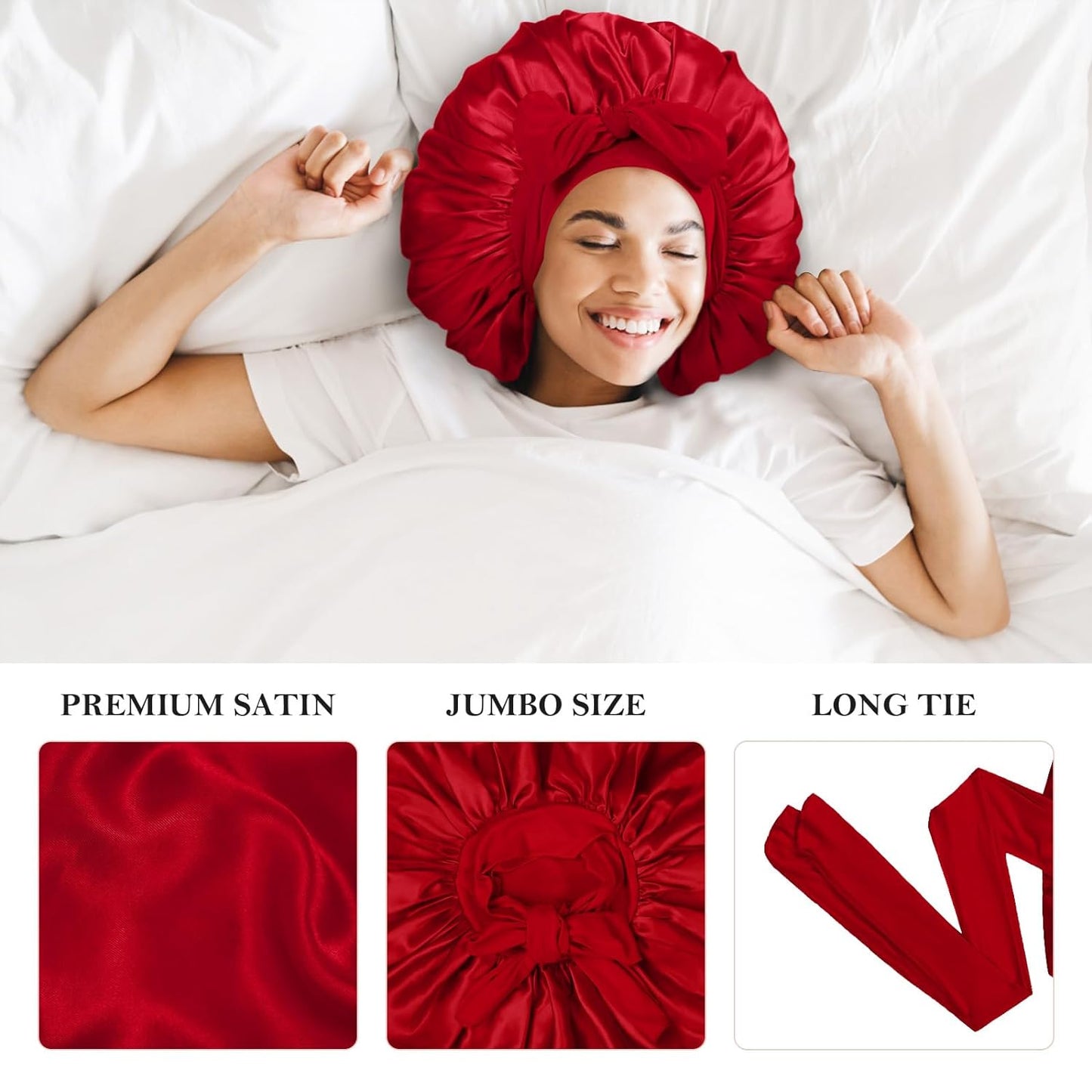 3Pcs Bonnet Silk Bonnet for Sleeping, Satin Bonnet for Sleeping Extra Large Hair Bonnets for Sleeping Black Curly Hair Women Jumbo Bonnet with Tie Band Braids