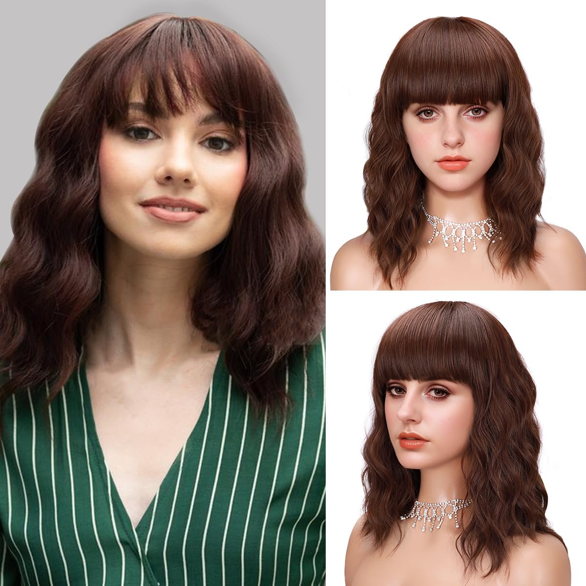Short Wavy Black Wig with Bangs Bob Short Charming Curly Wavy Wig Women Synthetic Natural Looking Heat Resistant Fiber Hair for Women (14inch)