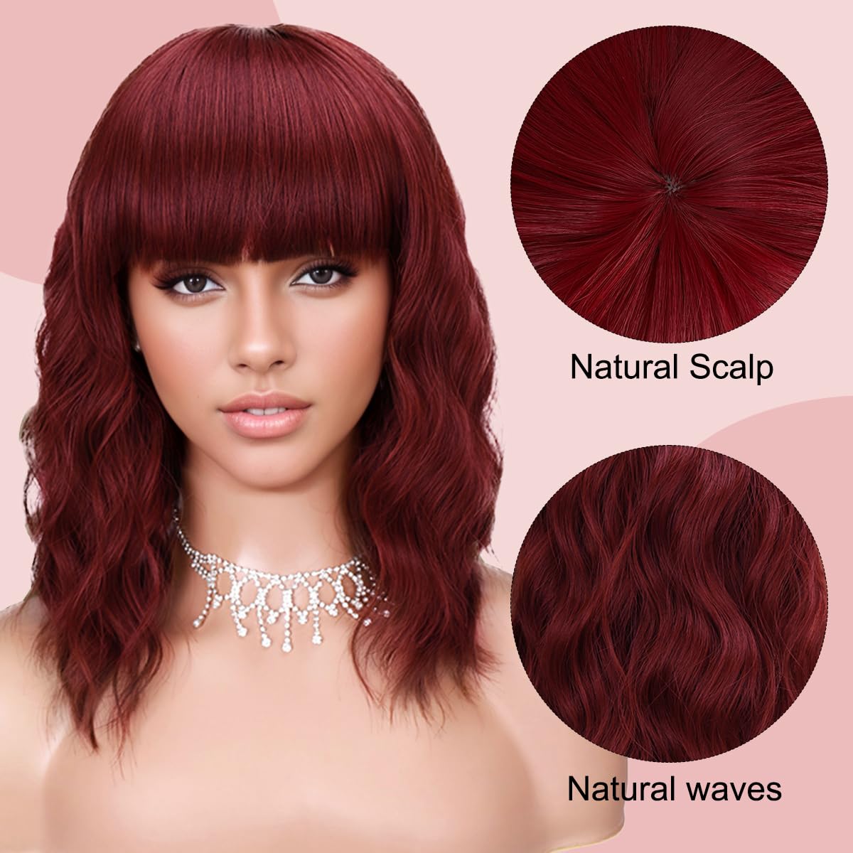 Short Wavy Black Wig with Bangs Bob Short Charming Curly Wavy Wig Women Synthetic Natural Looking Heat Resistant Fiber Hair for Women (14inch)