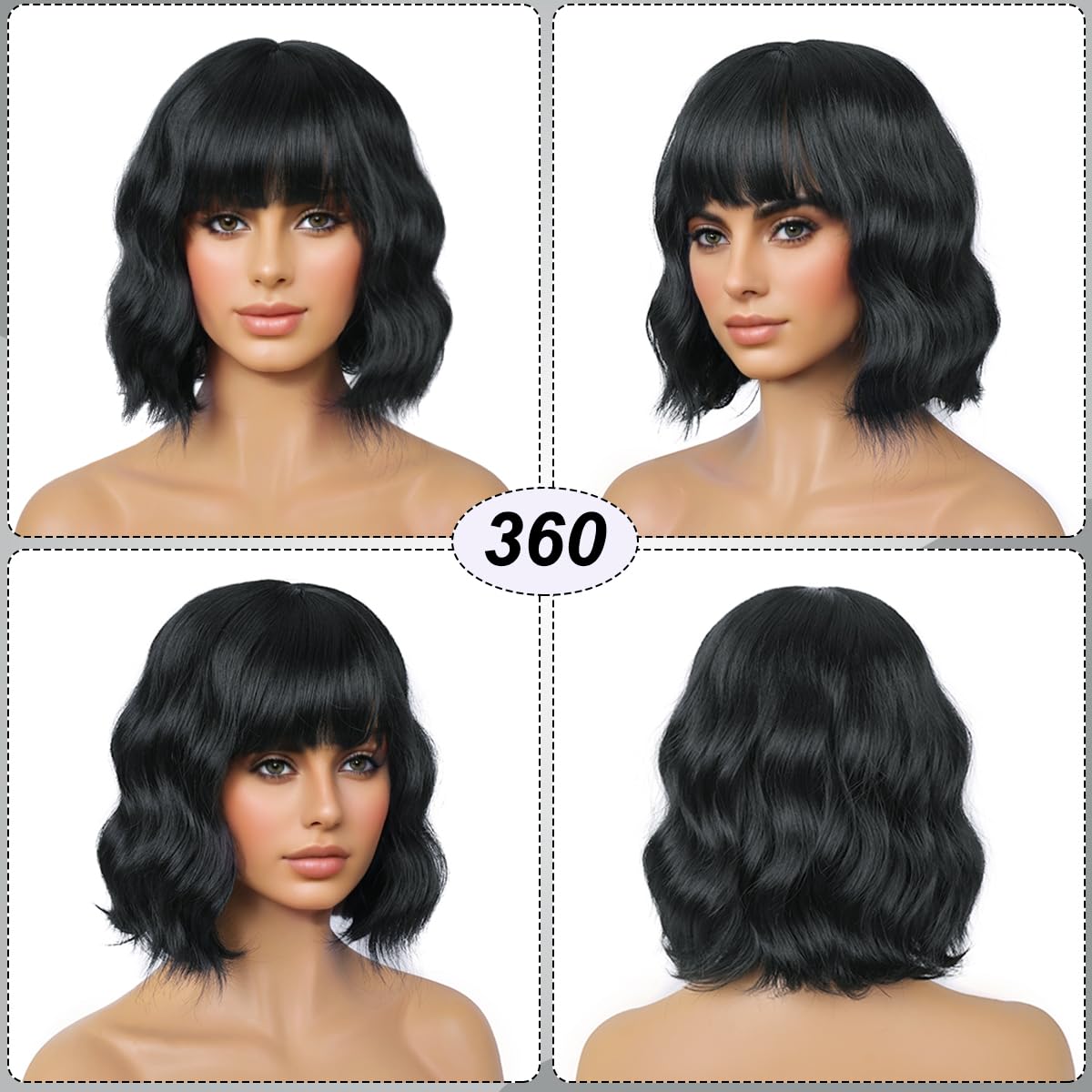 Short Wavy Black Wig with Bangs Bob Short Charming Curly Wavy Wig Women Synthetic Natural Looking Heat Resistant Fiber Hair for Women (14inch)