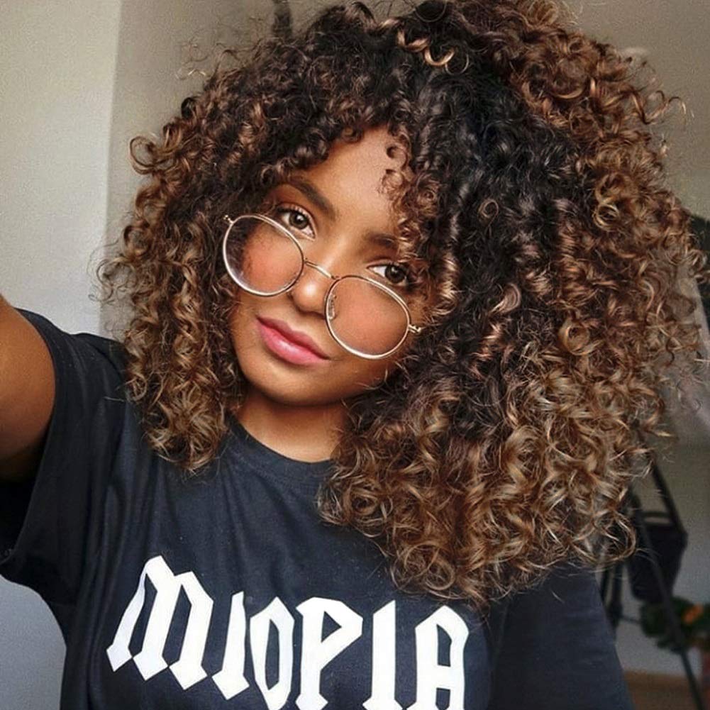 Kinky Curly Afro Wig with Bangs Ombre Gray Color Synthetic Mixed Wigs with 1 Wig Comb and 4pcs Wig Caps