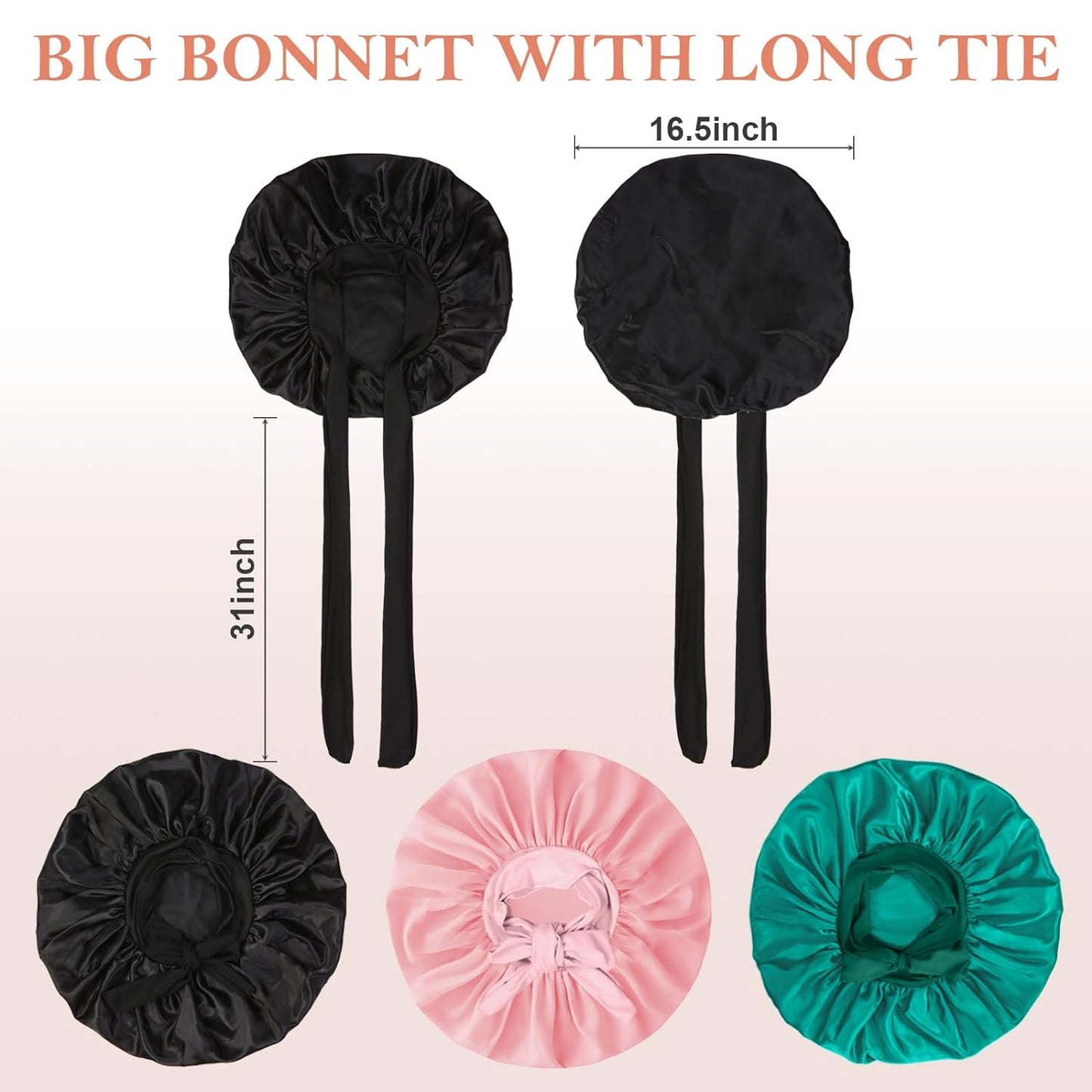 3Pcs Bonnet Silk Bonnet for Sleeping, Satin Bonnet for Sleeping Extra Large Hair Bonnets for Sleeping Black Curly Hair Women Jumbo Bonnet with Tie Band Braids