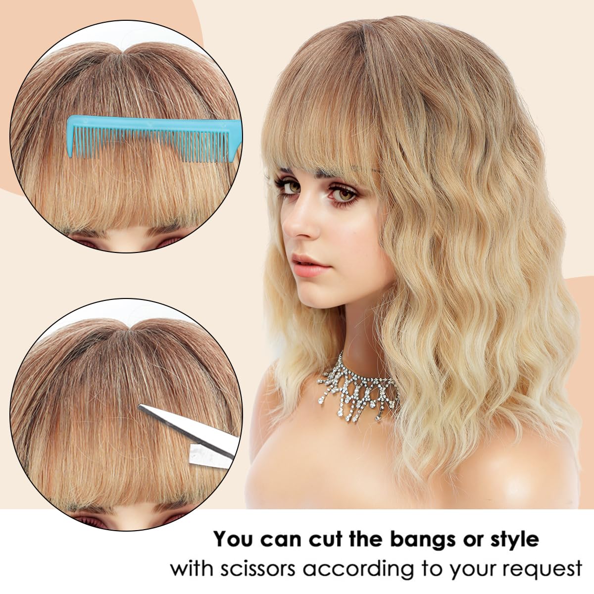 Short Wavy Black Wig with Bangs Bob Short Charming Curly Wavy Wig Women Synthetic Natural Looking Heat Resistant Fiber Hair for Women (14inch)