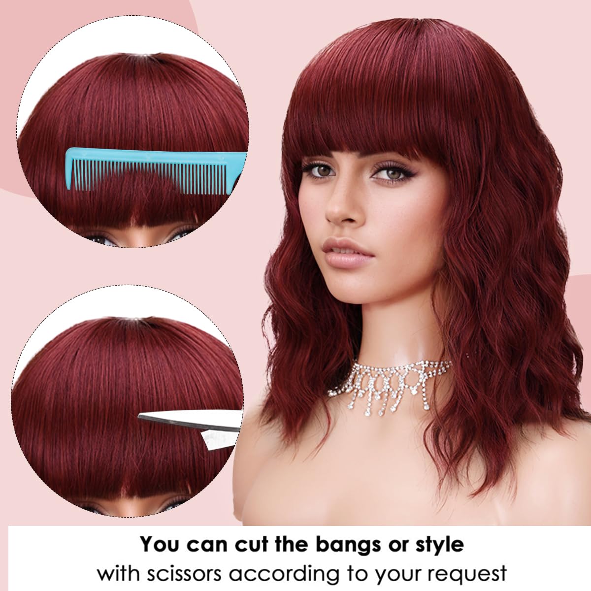 Short Wavy Black Wig with Bangs Bob Short Charming Curly Wavy Wig Women Synthetic Natural Looking Heat Resistant Fiber Hair for Women (14inch)