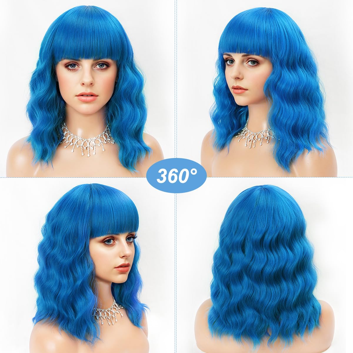 Short Wavy Black Wig with Bangs Bob Short Charming Curly Wavy Wig Women Synthetic Natural Looking Heat Resistant Fiber Hair for Women (14inch)