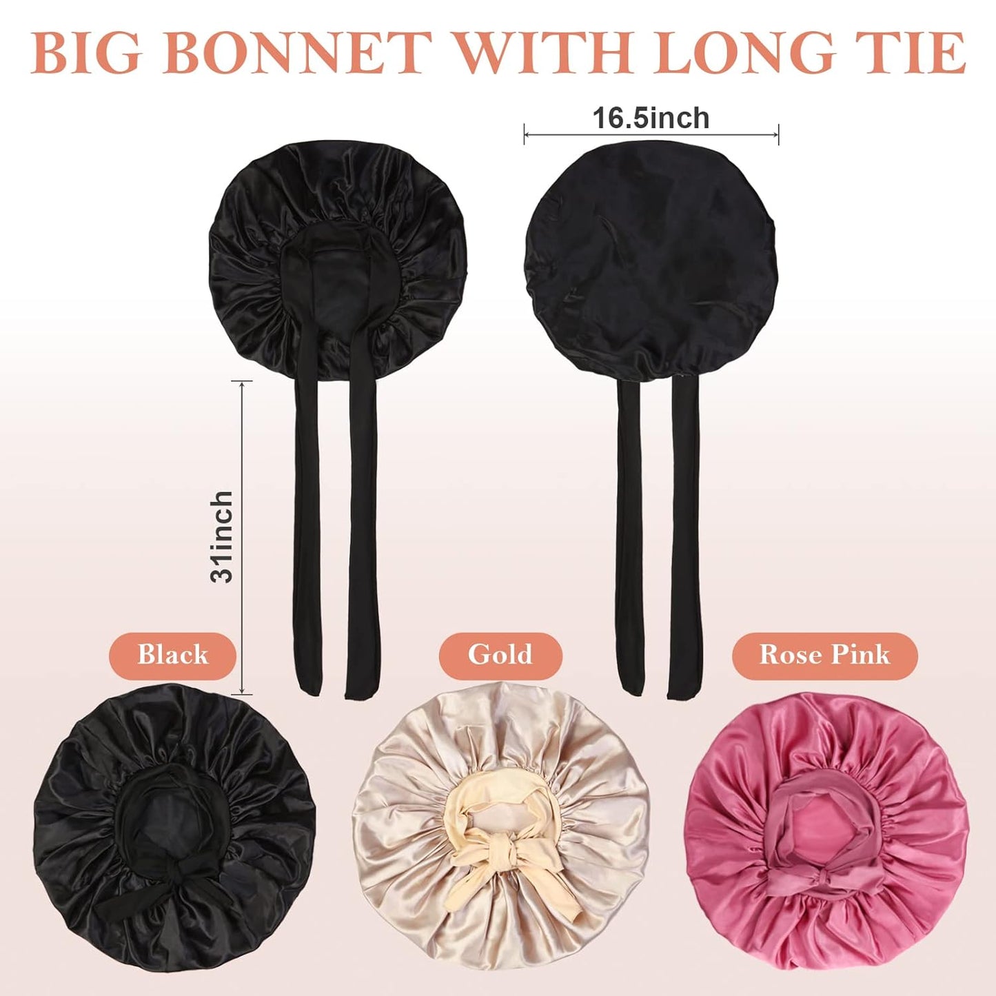 3Pcs Bonnet Silk Bonnet for Sleeping, Satin Bonnet for Sleeping Extra Large Hair Bonnets for Sleeping Black Curly Hair Women Jumbo Bonnet with Tie Band Braids