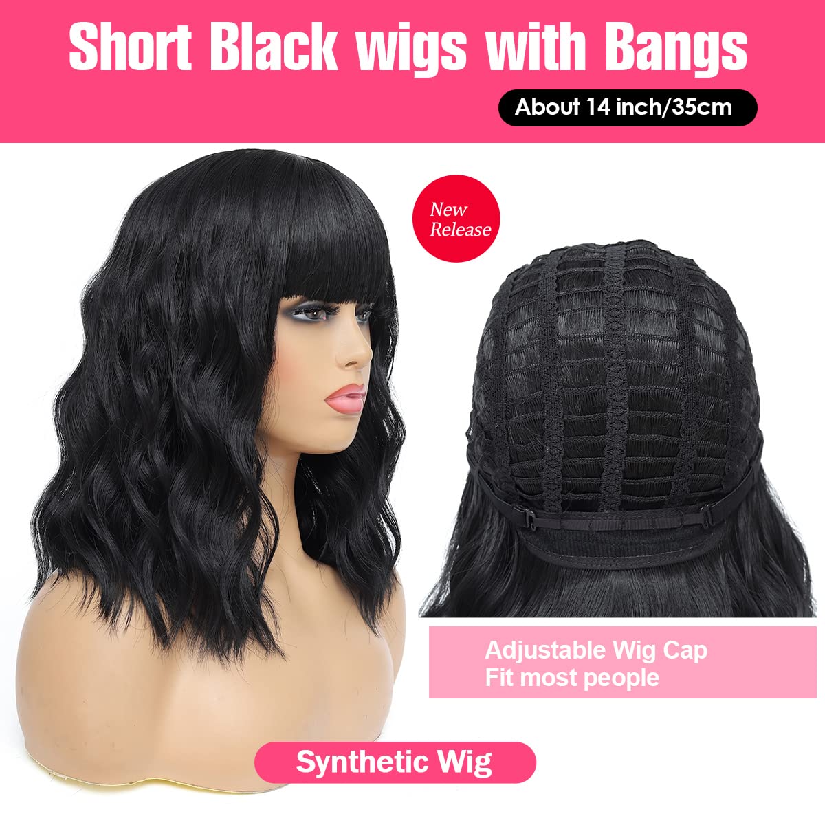 Short Wavy Wig with Bangs Black Mixed Brown Short Bob Wigs Shoulder Length Wear and Go Glueless Wigs Heat Resistant Fiber Synthetic Wig with Bangs