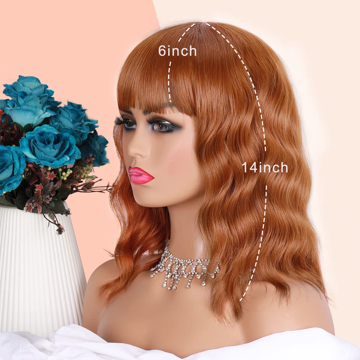 Short Wavy Black Wig with Bangs Bob Short Charming Curly Wavy Wig Women Synthetic Natural Looking Heat Resistant Fiber Hair for Women (14inch)