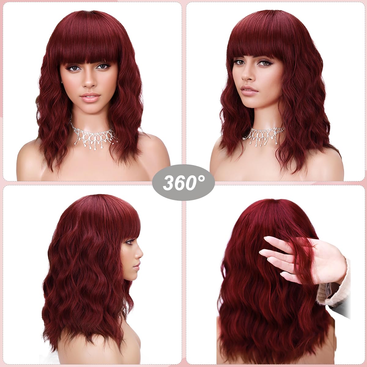 Short Wavy Black Wig with Bangs Bob Short Charming Curly Wavy Wig Women Synthetic Natural Looking Heat Resistant Fiber Hair for Women (14inch)