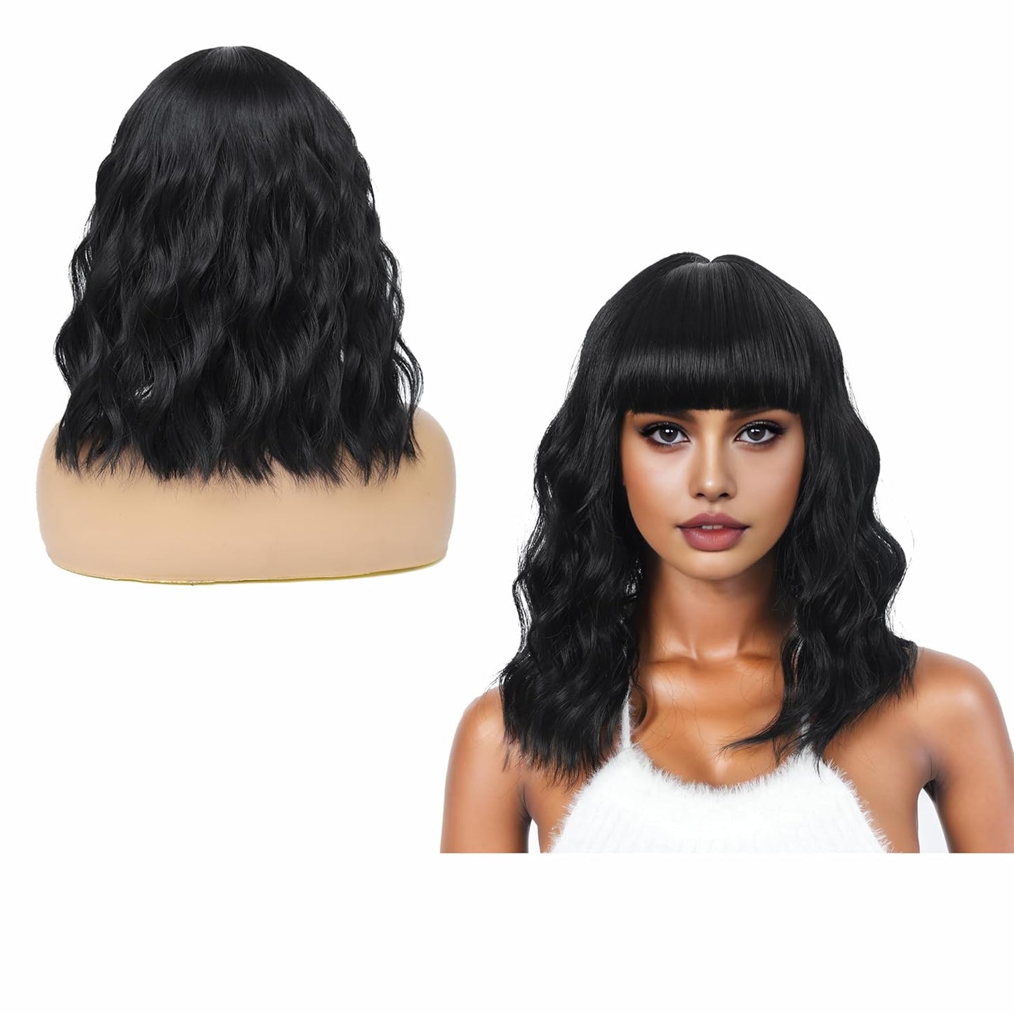 Short Wavy Wig with Bangs Black Mixed Brown Short Bob Wigs Shoulder Length Wear and Go Glueless Wigs Heat Resistant Fiber Synthetic Wig with Bangs