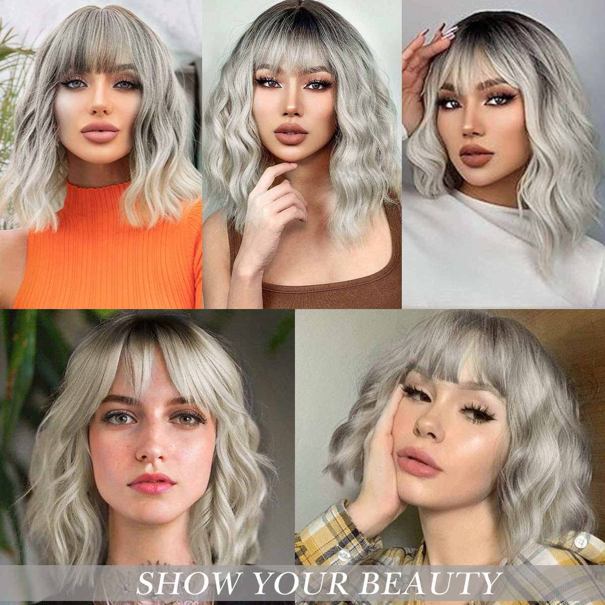 Short Wavy Black Wig with Bangs Bob Short Charming Curly Wavy Wig Women Synthetic Natural Looking Heat Resistant Fiber Hair for Women (14inch)