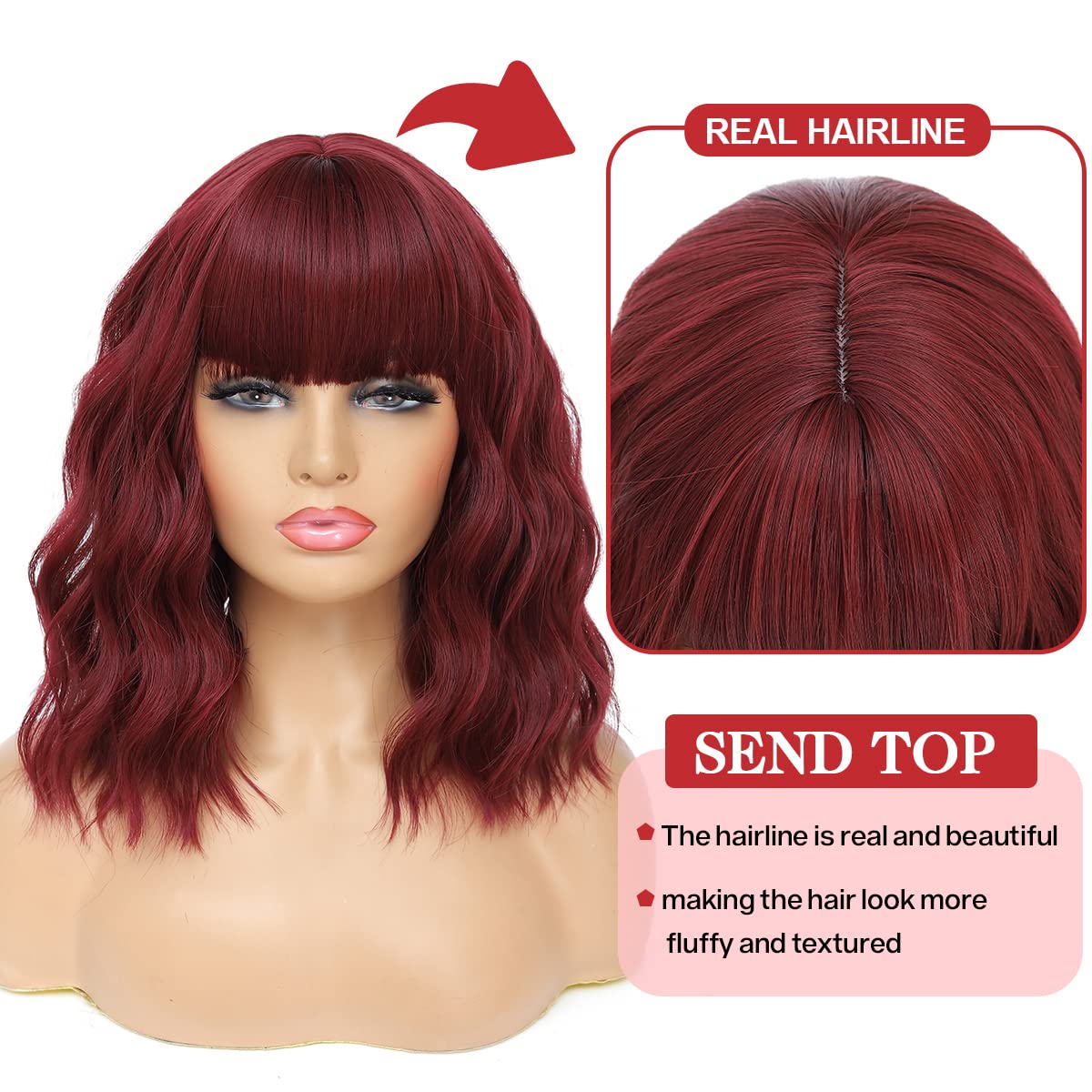 Short Wavy Wig with Bangs Black Mixed Brown Short Bob Wigs Shoulder Length Wear and Go Glueless Wigs Heat Resistant Fiber Synthetic Wig with Bangs